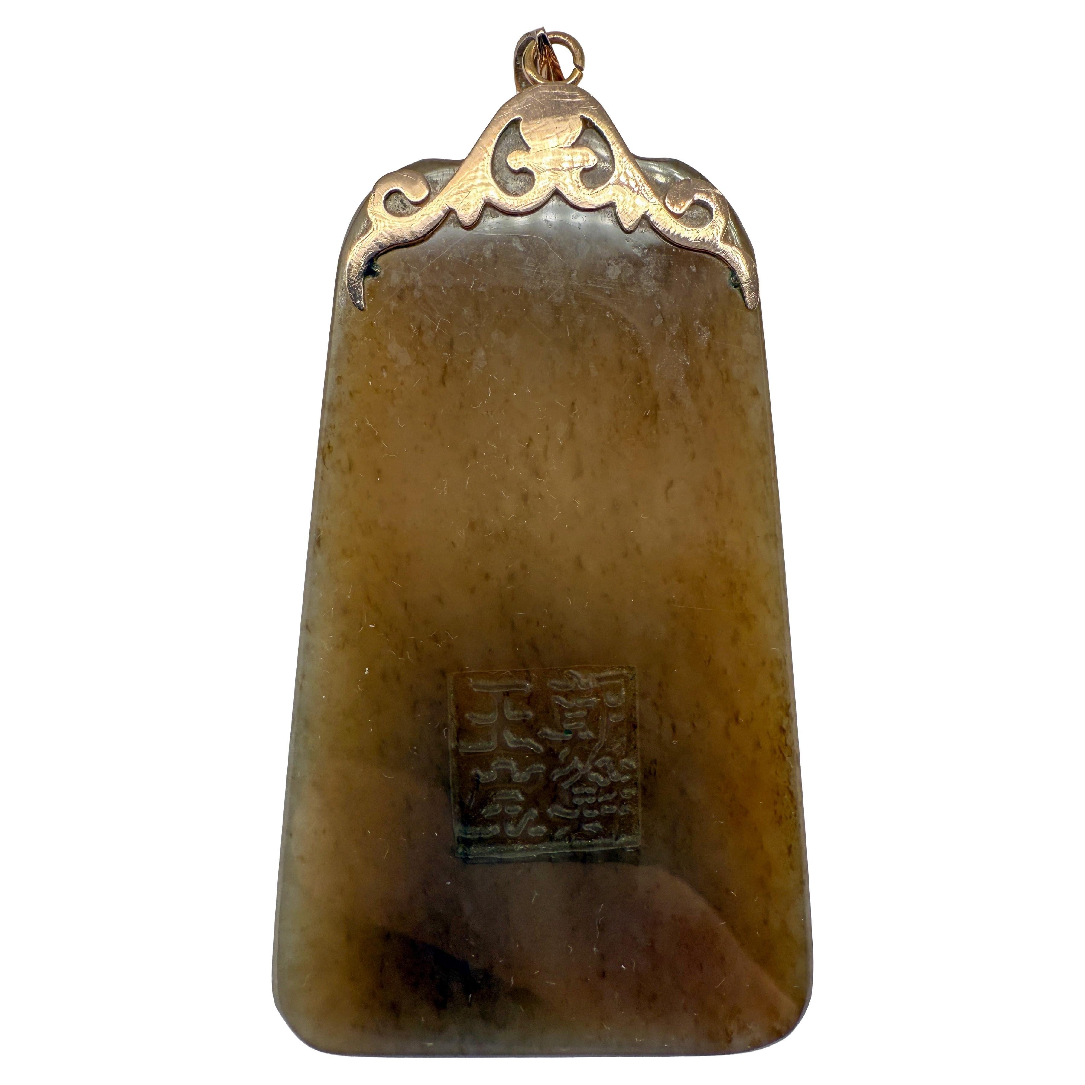 8K yellow gold pendant with jade, Asian-style