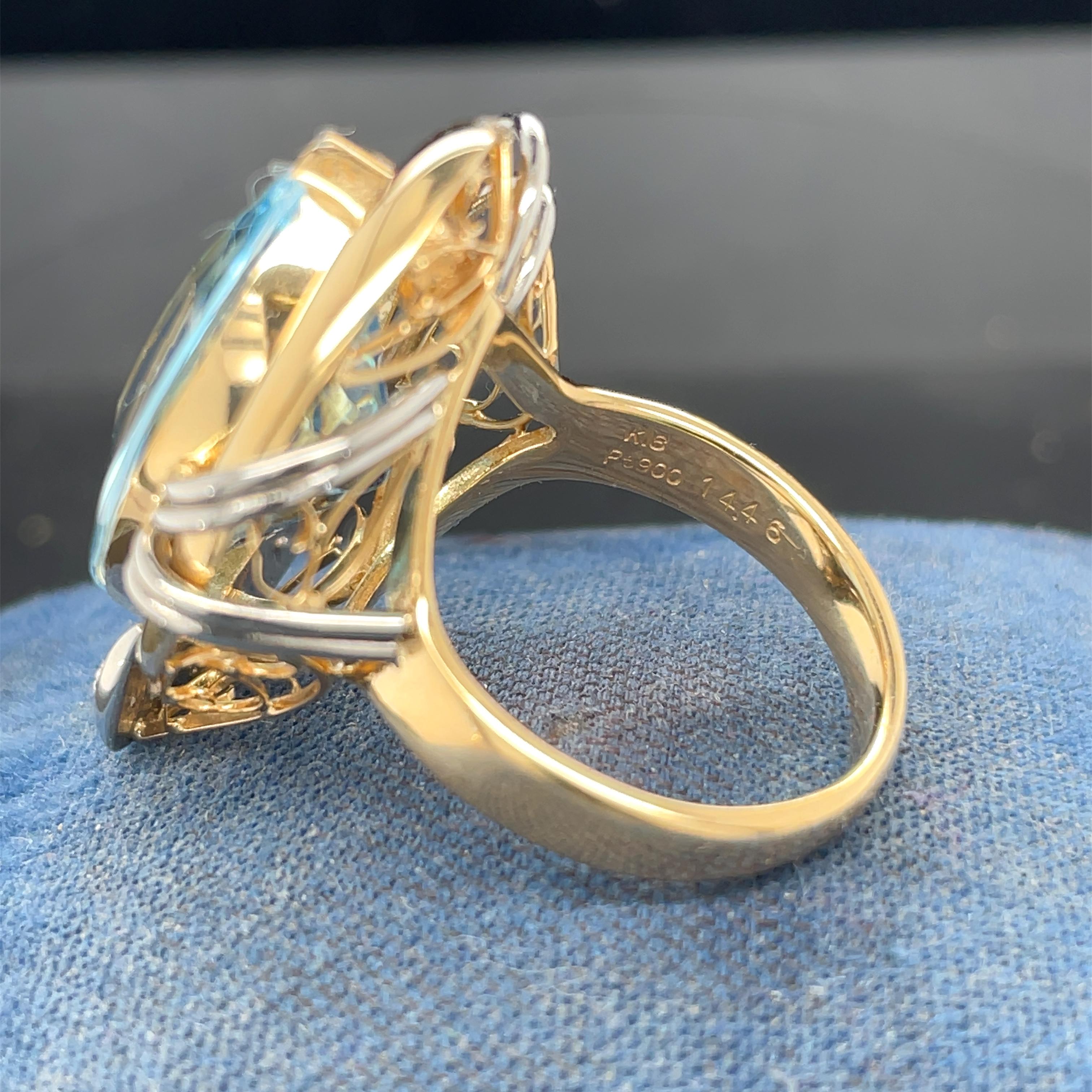 Contemporain Bague en or jaune 8 carats et platine avec aigue-marine 14,50 carats et diamants en vente