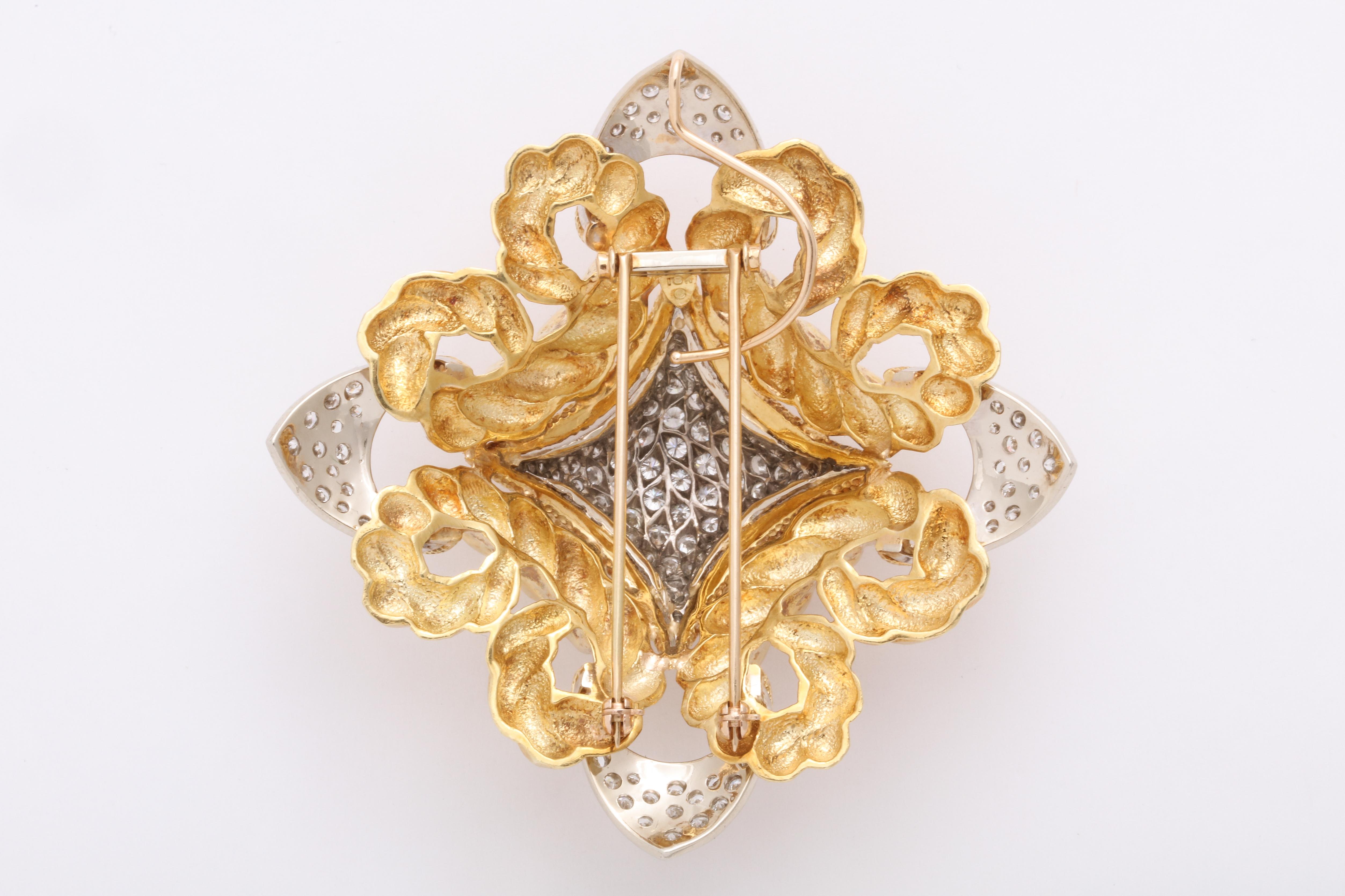 Baroque 18 Karat Yellow and White Gold and Diamond Pendant Brooch