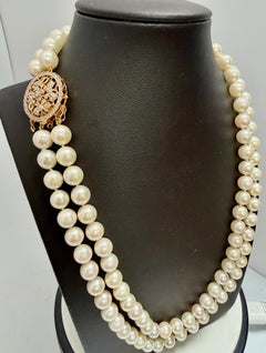 8mm Akoya Japanies Perle Doppelstrang Halskette, 14K Gelbgold Diamantverschluss