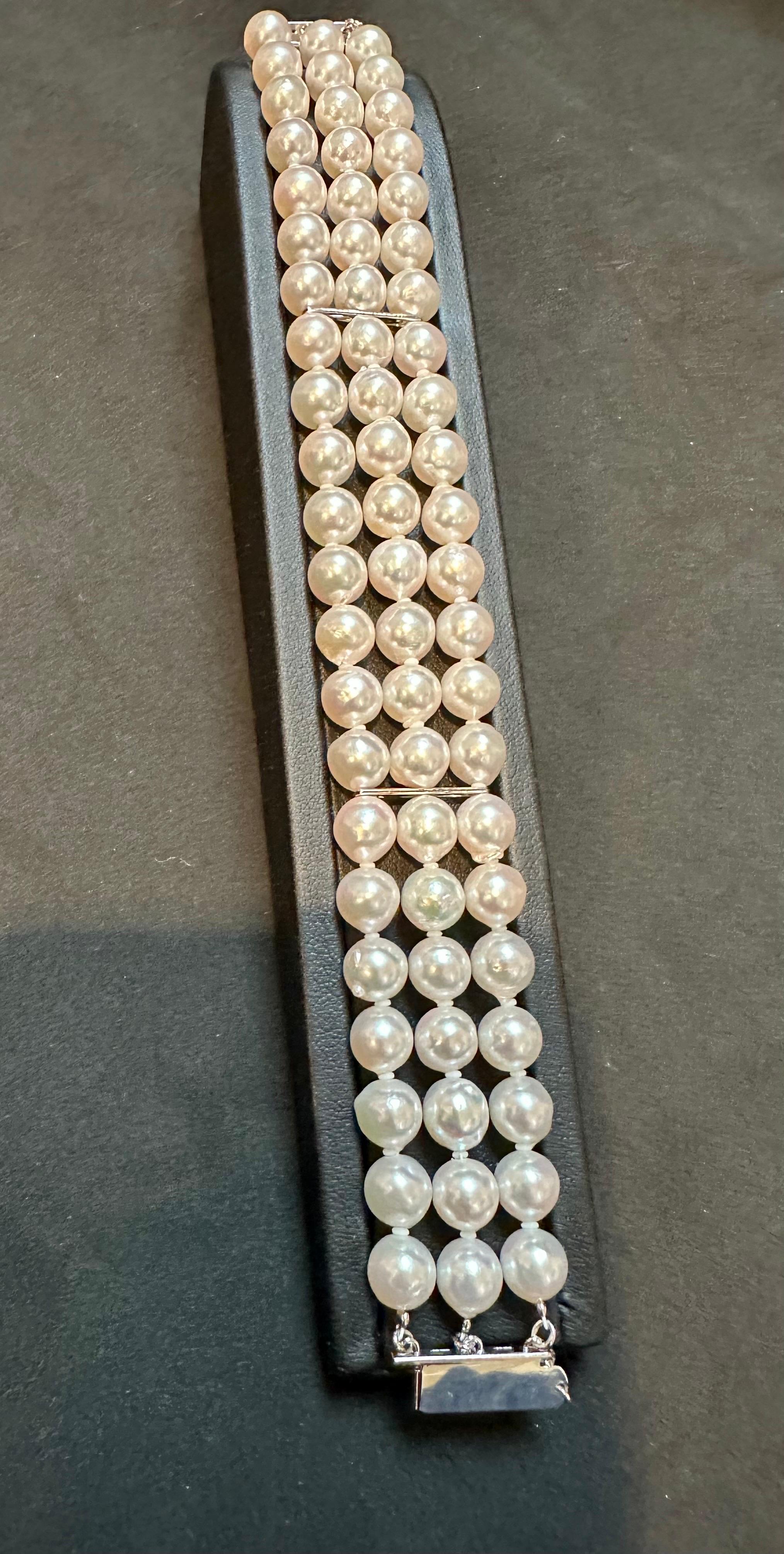 Women's 8mm  Akoya Japanies Pearl Triple Strand Bracelet, Sterling Silver Clasp, 8 Inch For Sale