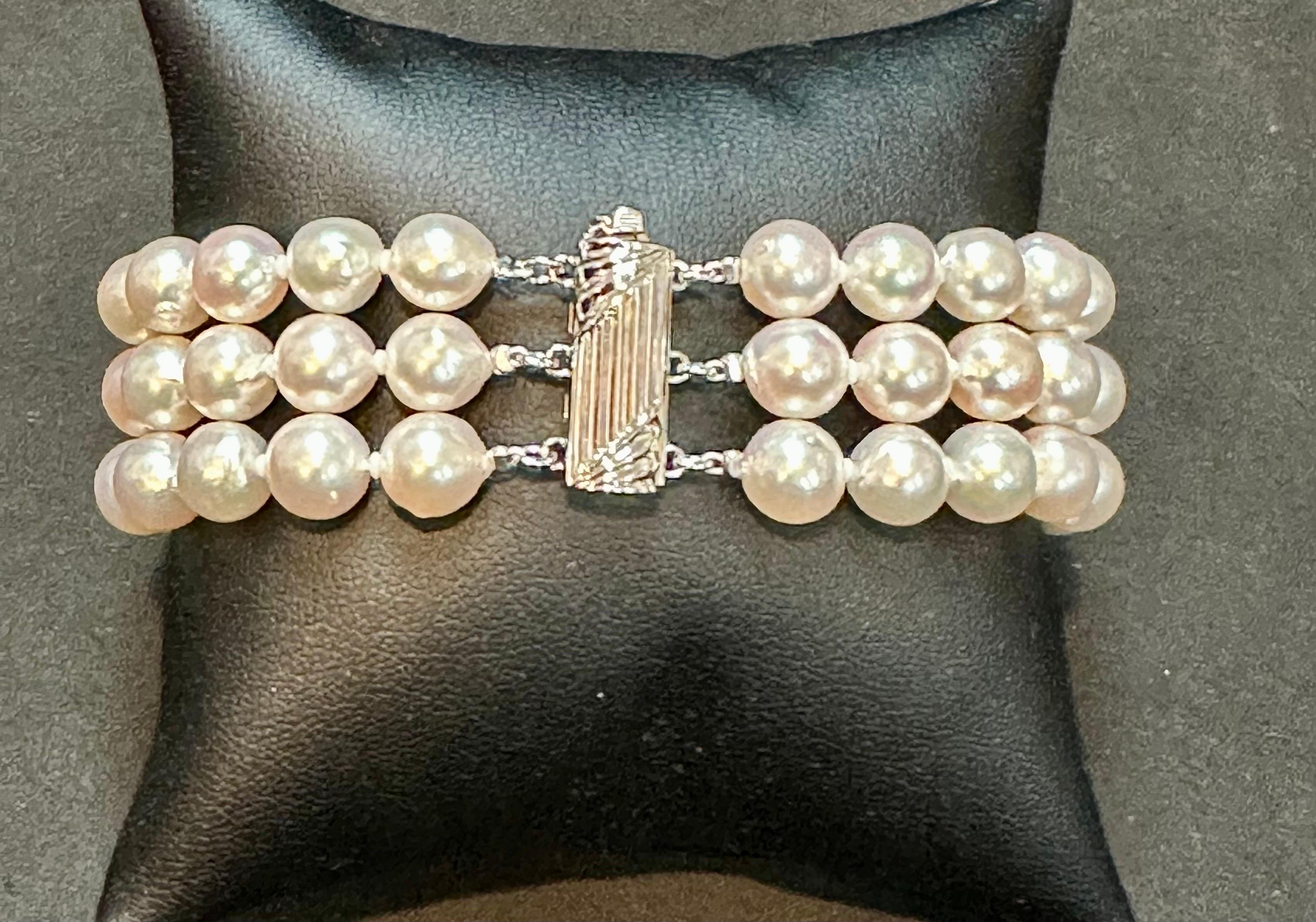 Women's 8mm  Akoya Japanies Pearl Triple Strand Bracelet, Sterling Silver Clasp, 8 Inch For Sale