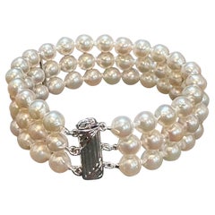 8mm  Akoya Japanies Pearl Triple Strand Bracelet, Sterling Silver Clasp, 8 Inch