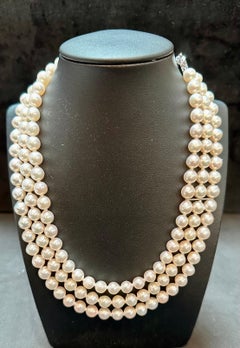 8mm Akoya Japanies Pearl Triple Strand choker Necklace, 18K White Gold & Diamond