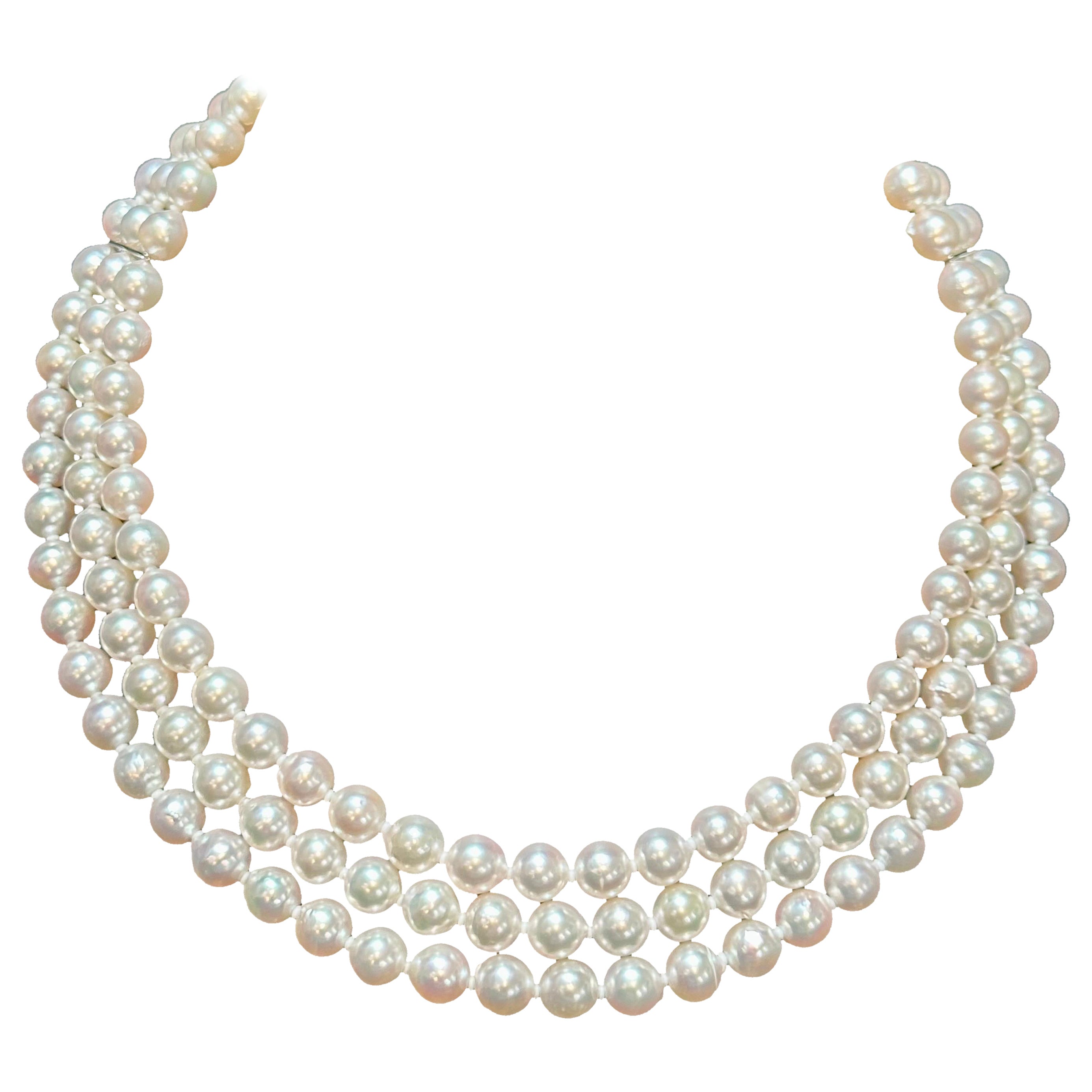 8mm Akoya Japanies Pearl Triple Strand choker Necklace, 18K White Gold & Diamond