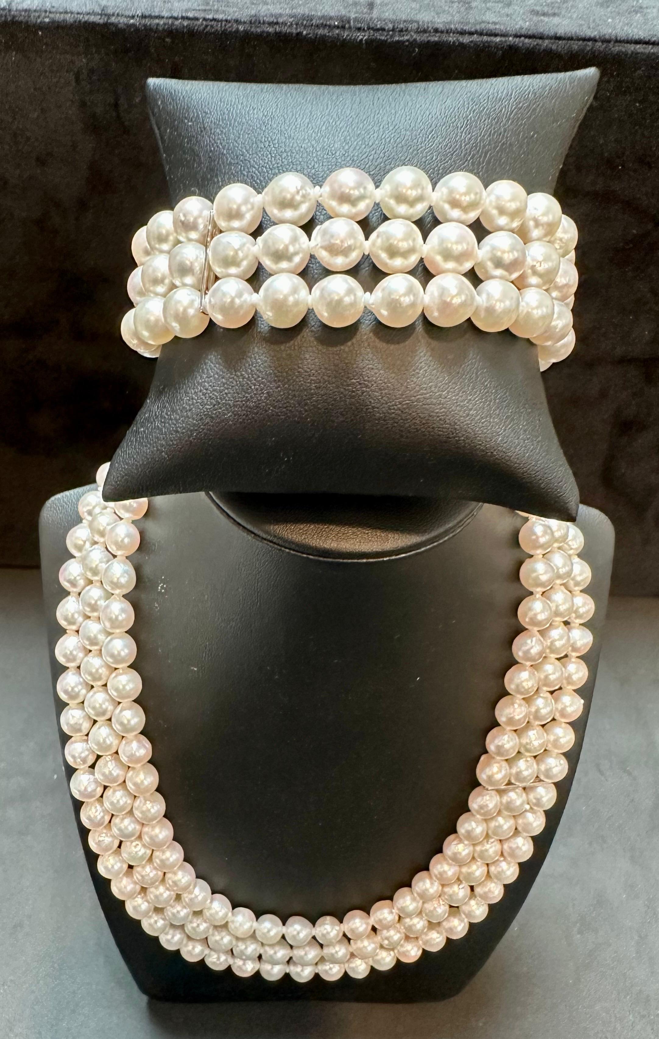 8mm  Akoya Japanies Pearl Triple Strand choker Necklace, Sterling Silver Clasp In New Condition For Sale In New York, NY