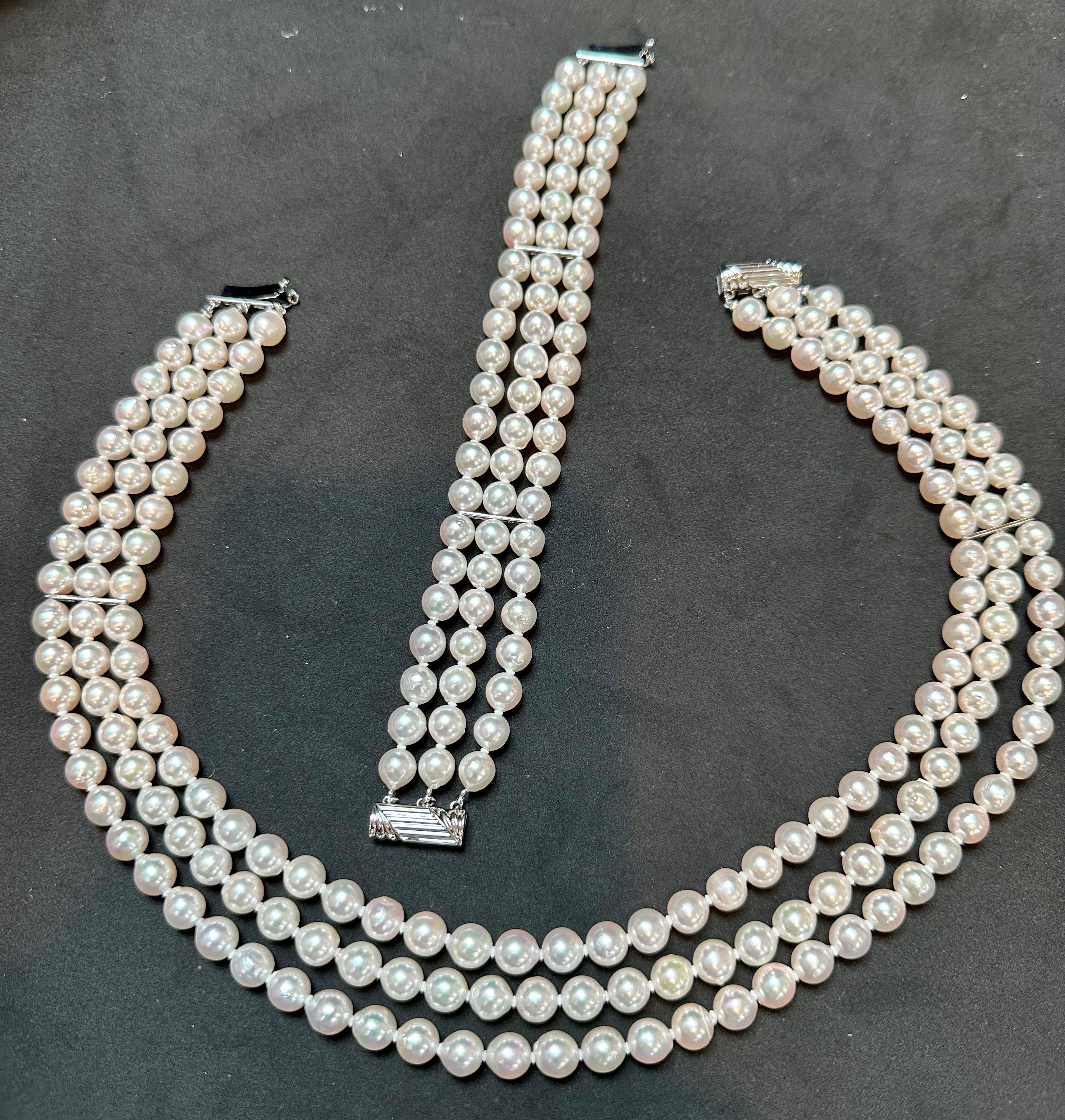 8mm  Akoya Collier ras du cou à trois rangs de perles japonaises, fermoir en argent sterling en vente 2