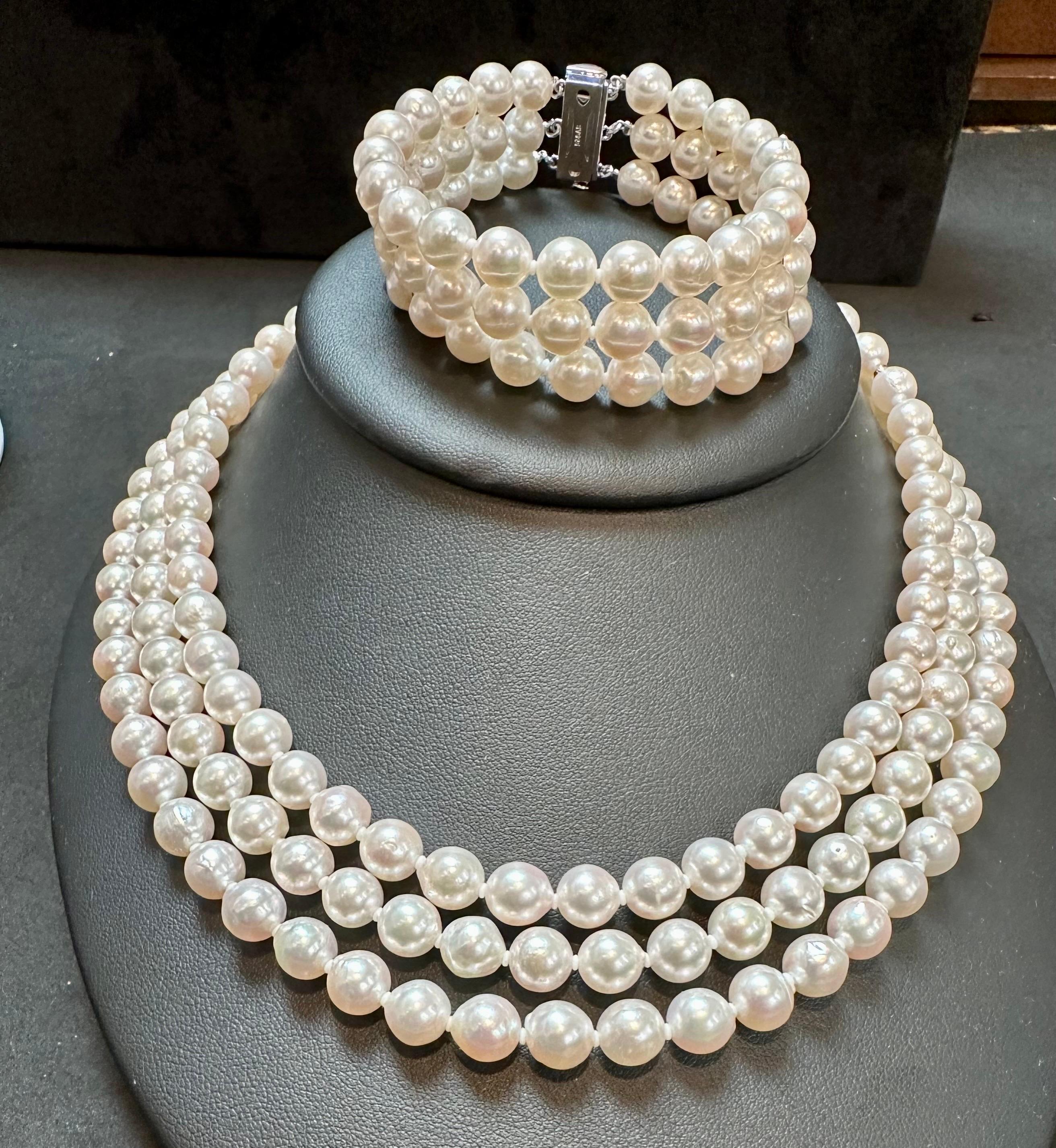 8mm  Akoya Collier ras du cou à trois rangs de perles japonaises, fermoir en argent sterling en vente 4