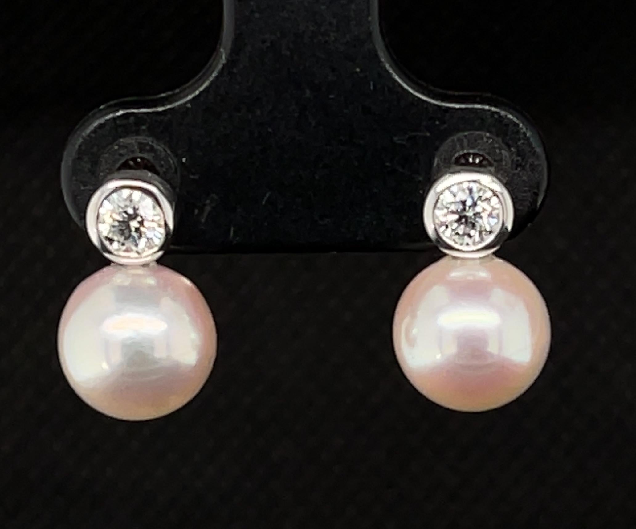 Akoya Pearl and .30 Carat Total Diamond White Gold Bezel Set Stud Earrings In New Condition In Los Angeles, CA