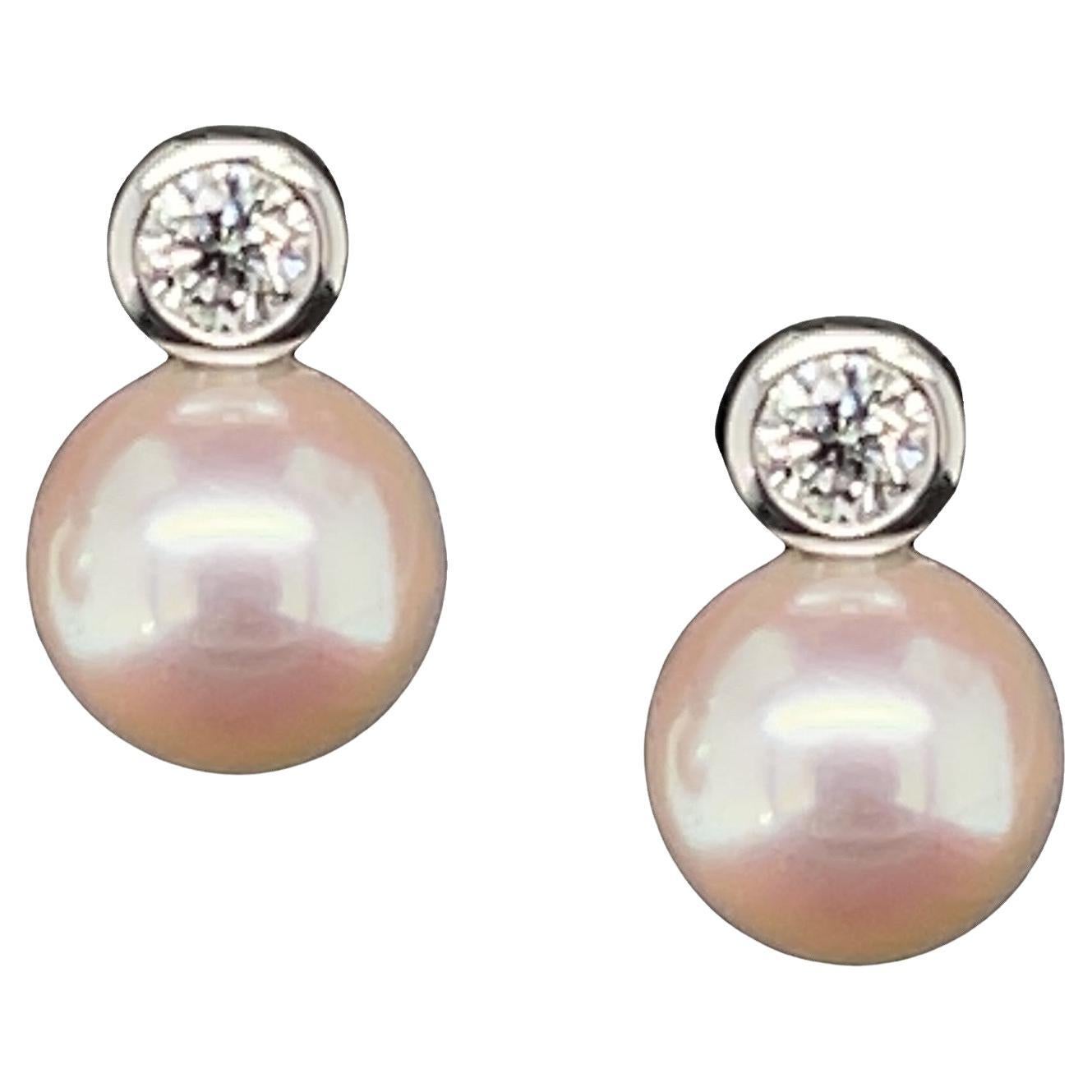 Akoya Pearl and .30 Carat Total Diamond White Gold Bezel Set Stud Earrings