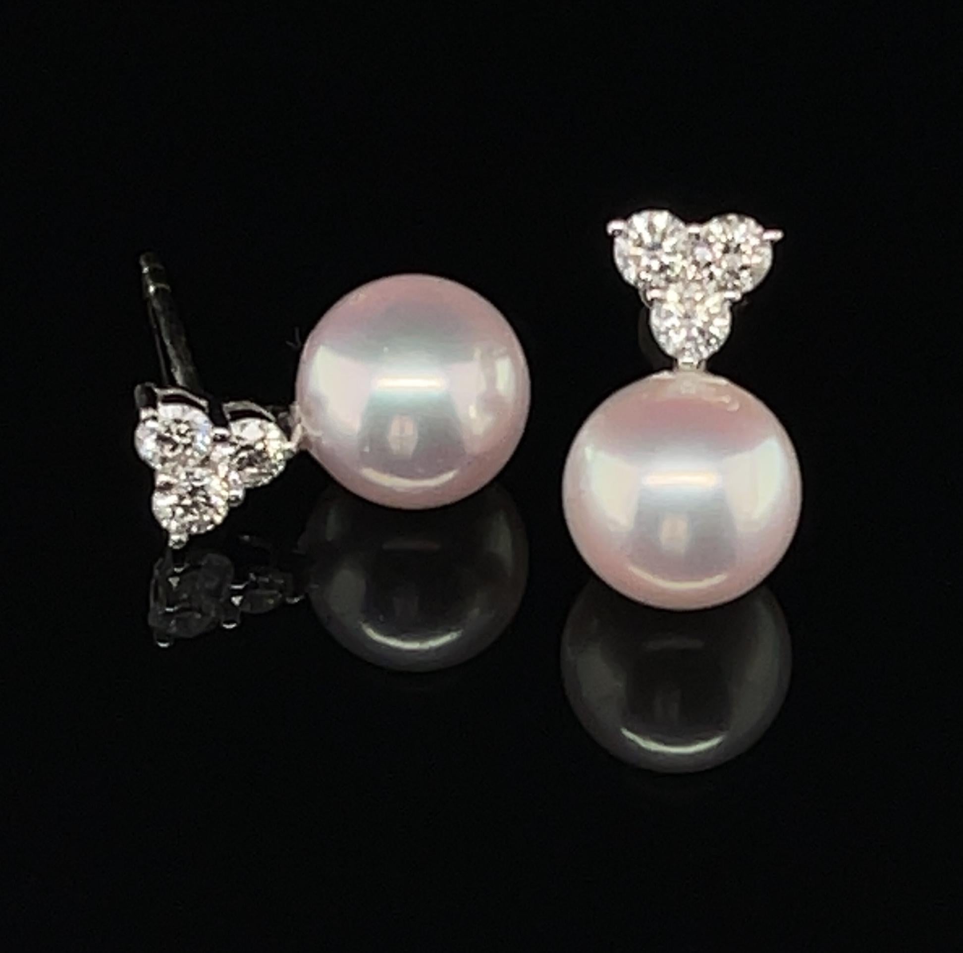 Round Cut 8mm Akoya Saltwater Pearl and .42 Carat Total Diamond White Gold Drop Earrings