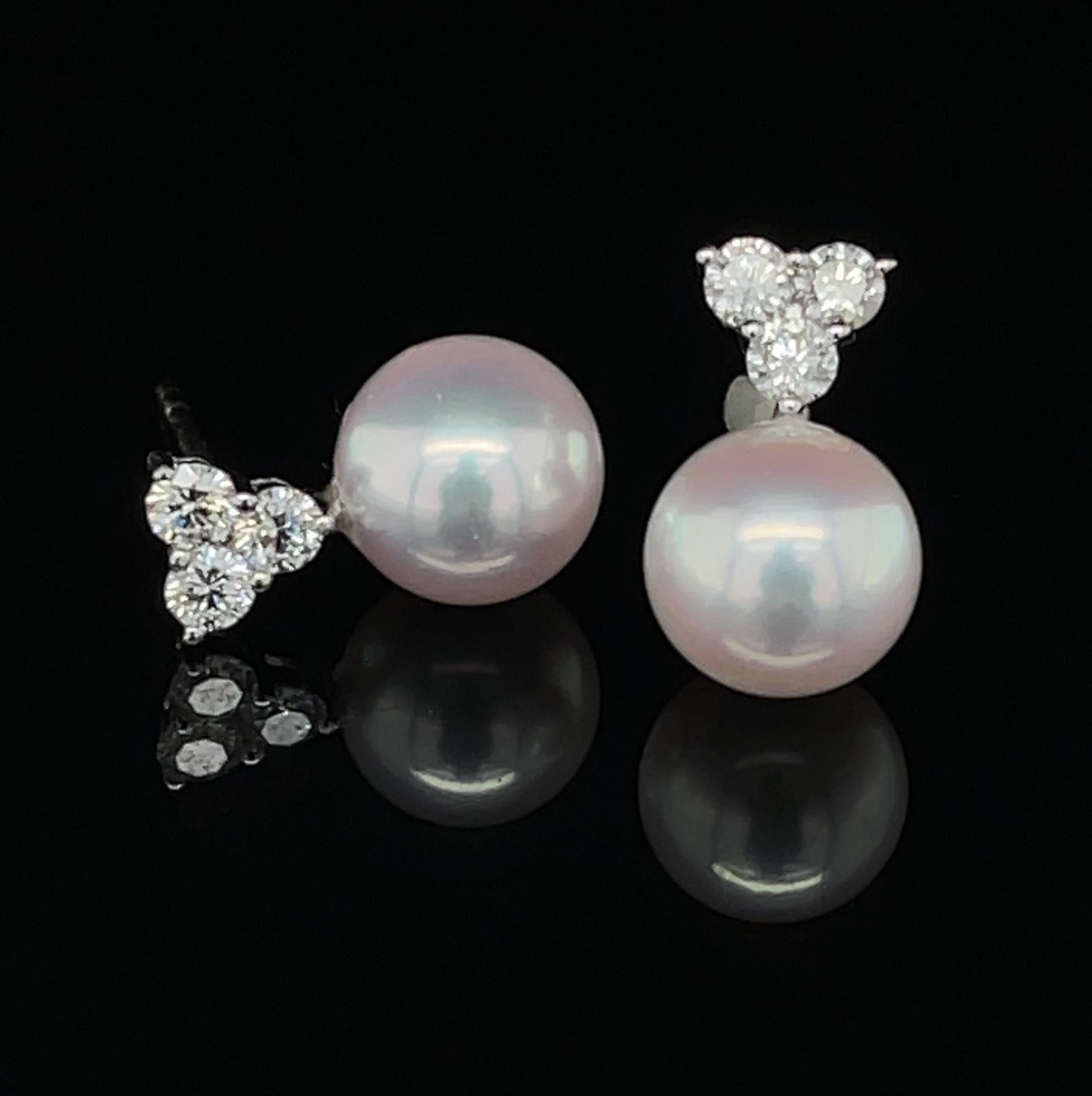 8mm Akoya Saltwater Pearl and .42 Carat Total Diamond White Gold Drop Earrings In New Condition In Los Angeles, CA