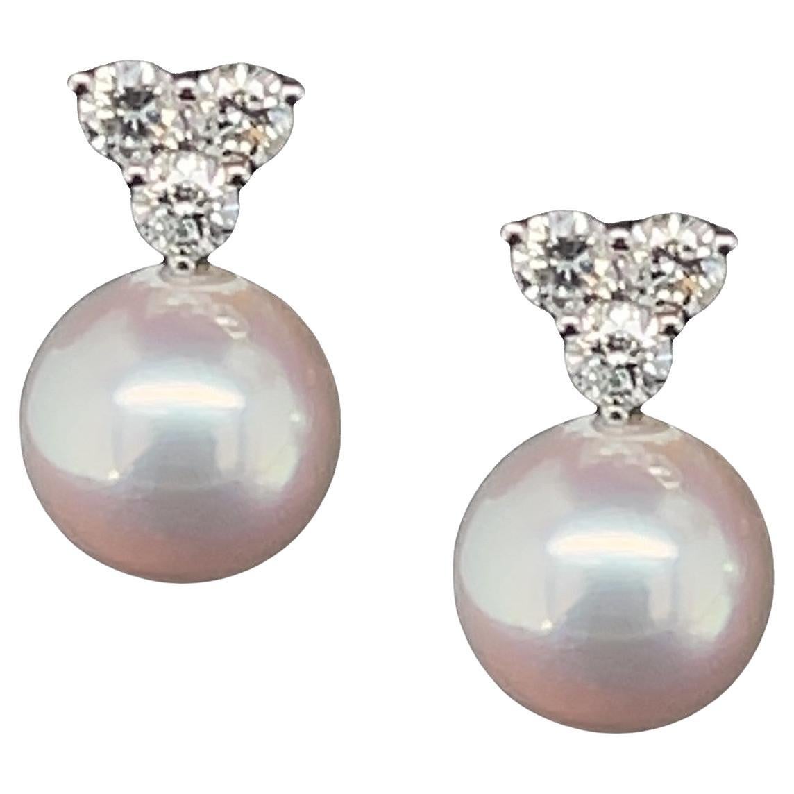 8mm Akoya Saltwater Pearl and .42 Carat Total Diamond White Gold Drop Earrings