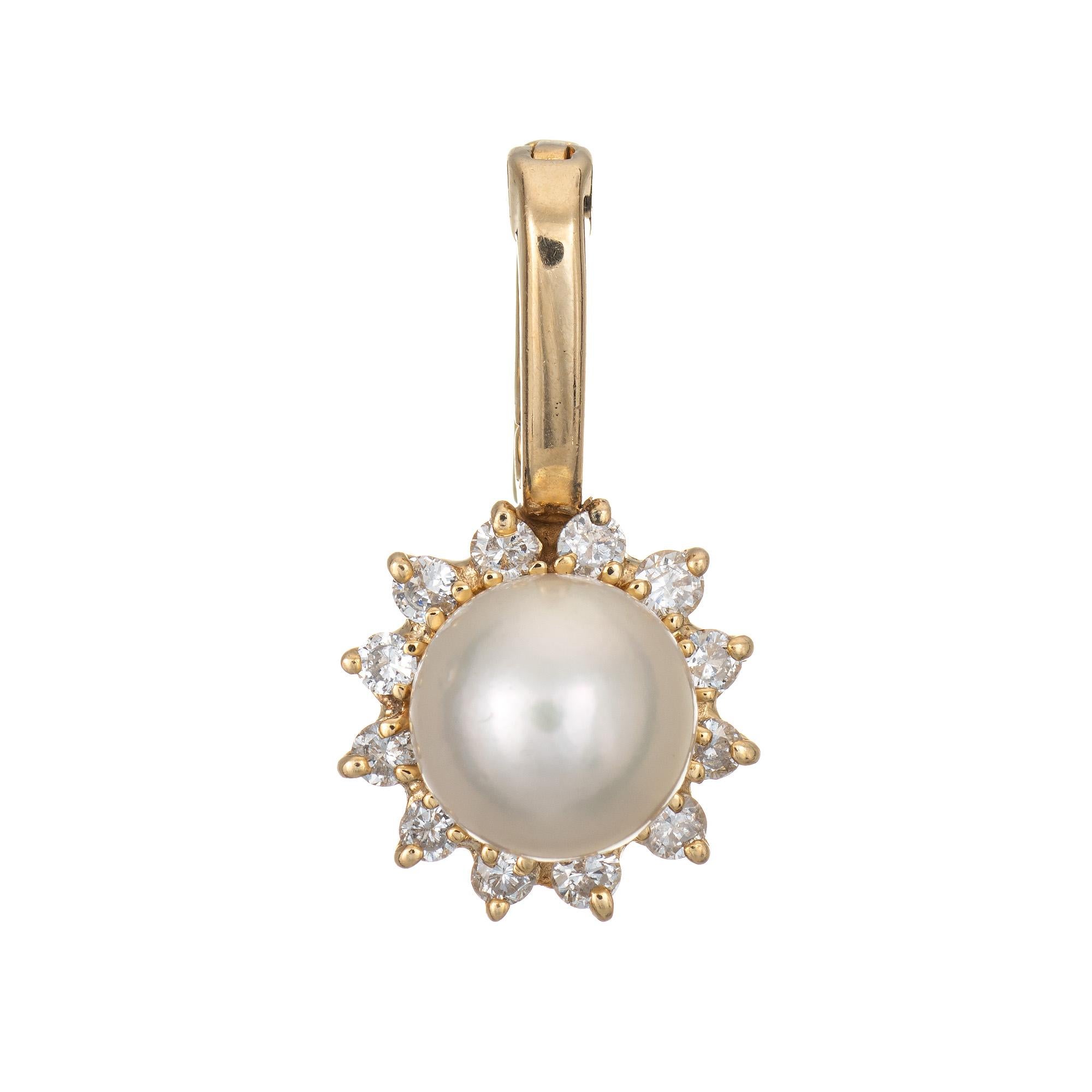 Modern Cultured Pearl Diamond Pendant Small Vintage 14k Yellow Gold Estate Jewelry