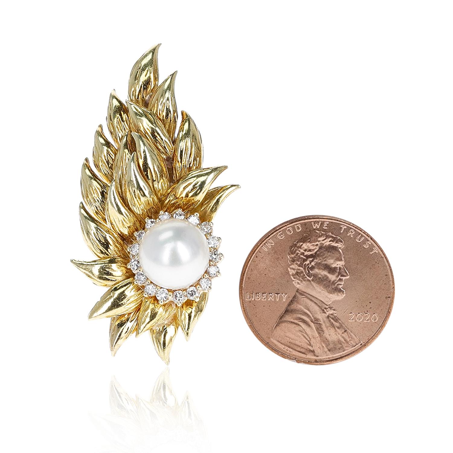 Round Cut Cultured Pearl Earrings with a Diamond Halo in 18K Gold Leaf-Style Design For Sale
