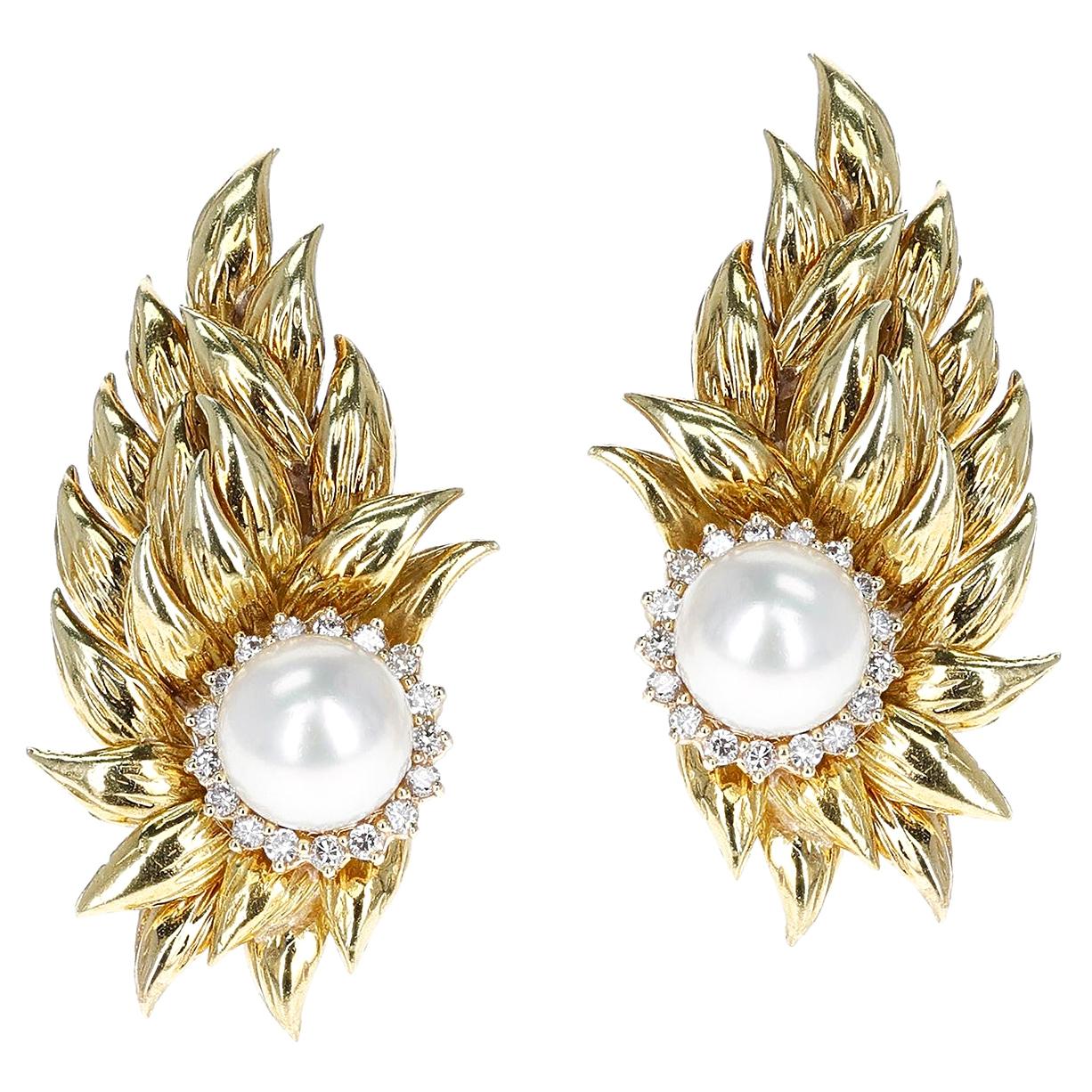 Cultured Pearl Earrings with a Diamond Halo in 18K Gold Leaf-Style Design For Sale