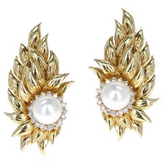 Vintage Cultured Pearl Earrings with a Diamond Halo in 18K Gold Leaf-Style Design