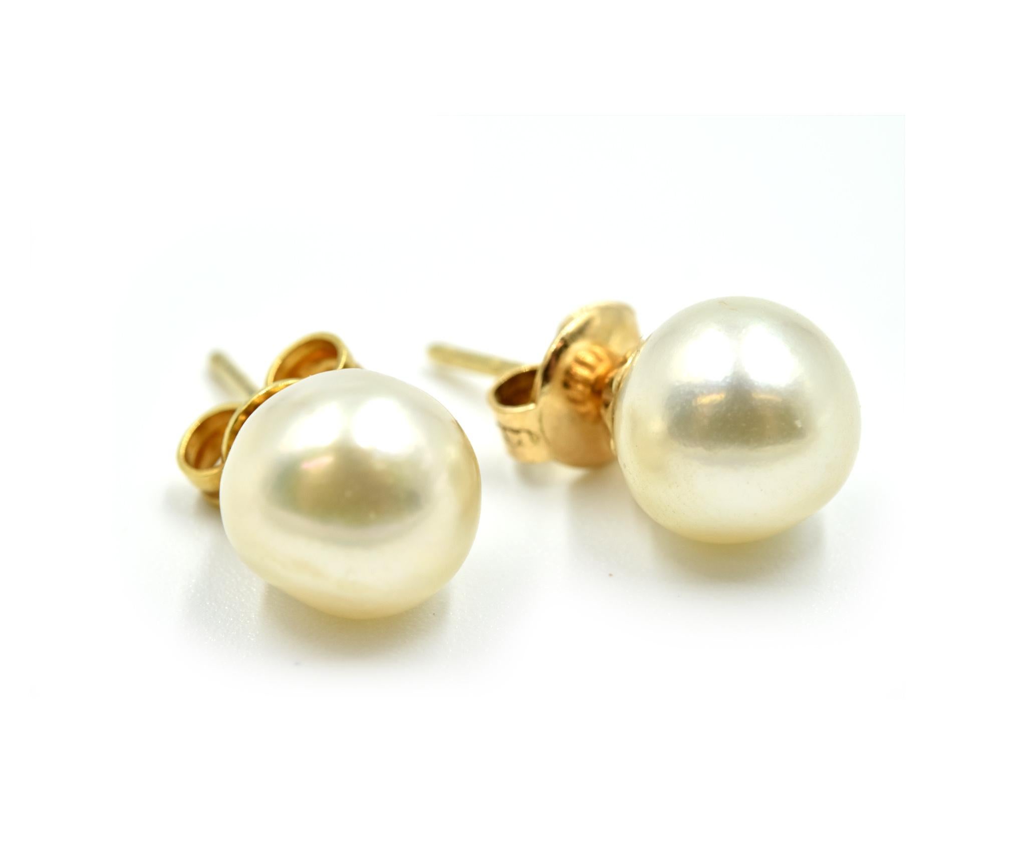 8mm Cultured Pearl Studs 14 Karat Yellow Gold In Excellent Condition In Scottsdale, AZ