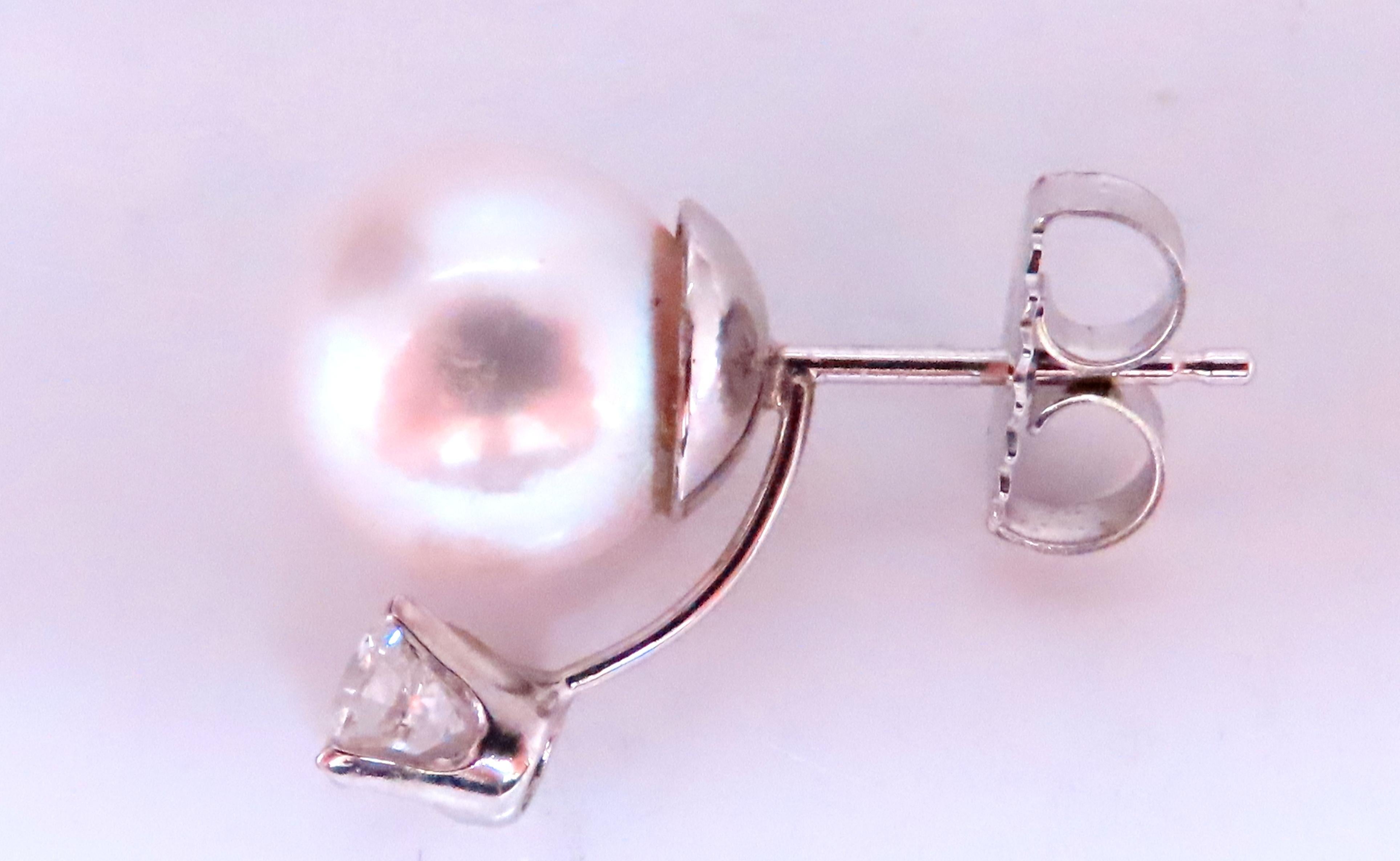 Victorian 8mm Natural White South seas Pearl Diamond Stud Earrings 14kt Gold 12384 For Sale