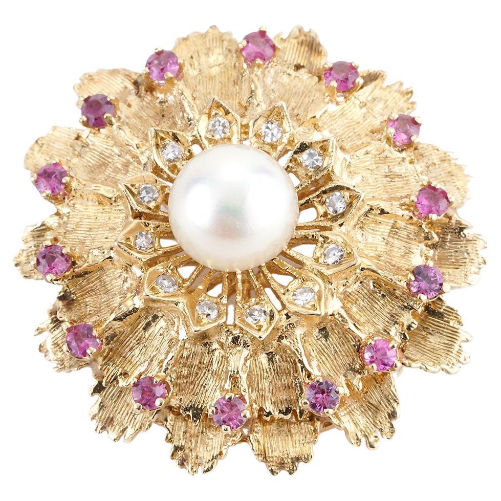 8mm Pearl, Diamond, And Ruby Pin In Y18K yellow Gold For Sale