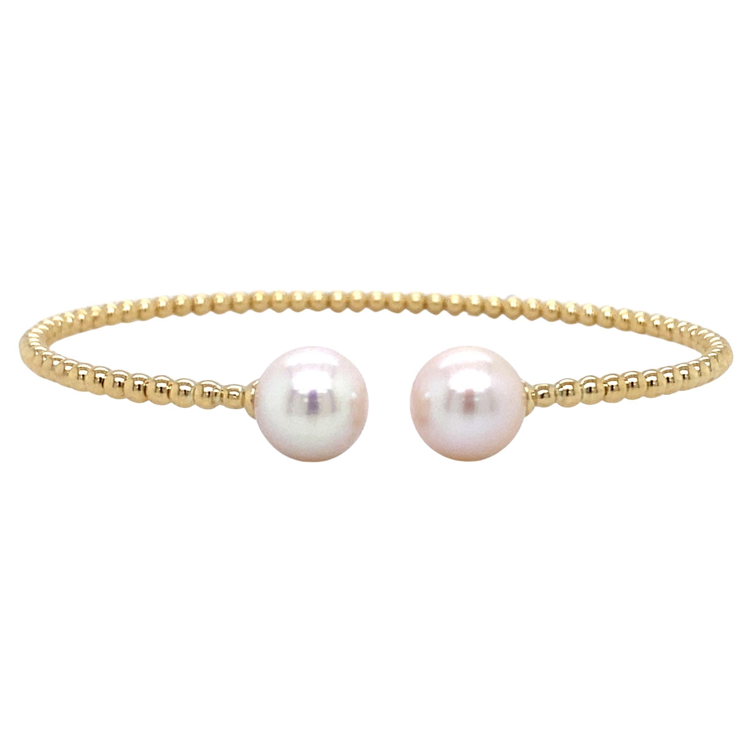 Contemporary 8mm Pearl Flex Cuff Bangle, 14K Yellow Gold 6.25 inch wrist BG4475 For Sale