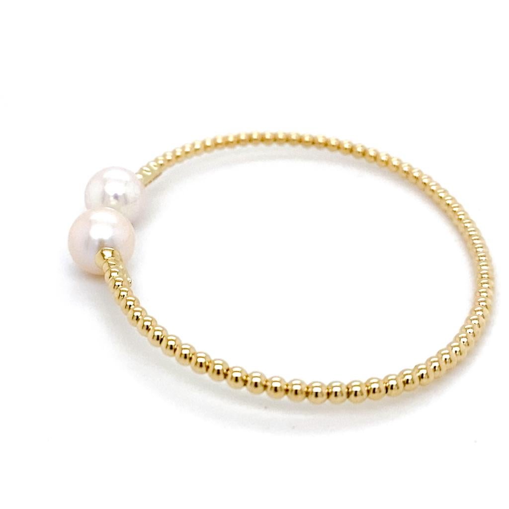 Round Cut 8mm Pearl Flex Cuff Bangle, 14K Yellow Gold 6.25 inch wrist BG4475 For Sale