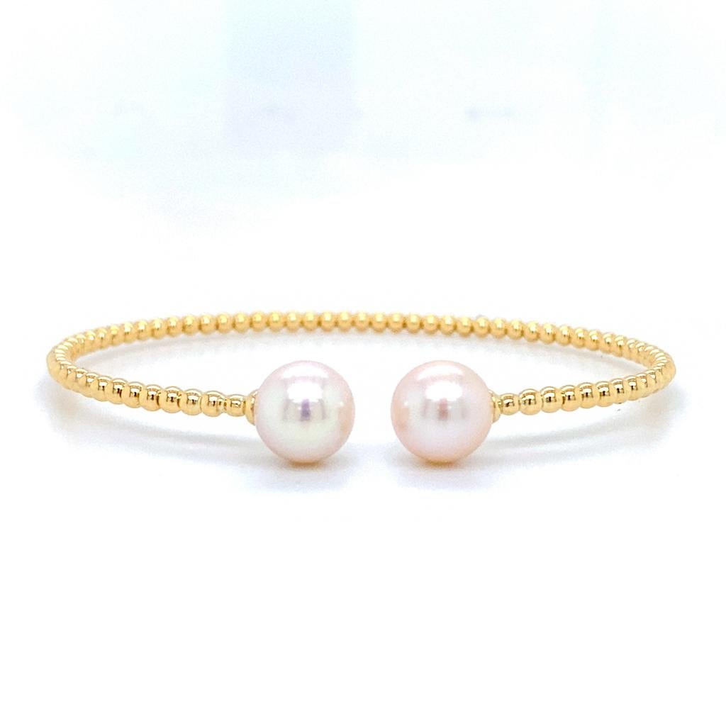 8mm Pearl Flex Cuff Bangle, 14K Yellow Gold 6.25 inch wrist BG4475 For Sale 1