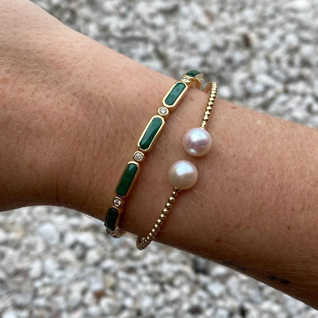 8mm Pearl Flex Cuff Bangle, 14K Yellow Gold 6.25 inch wrist BG4475 For Sale 2