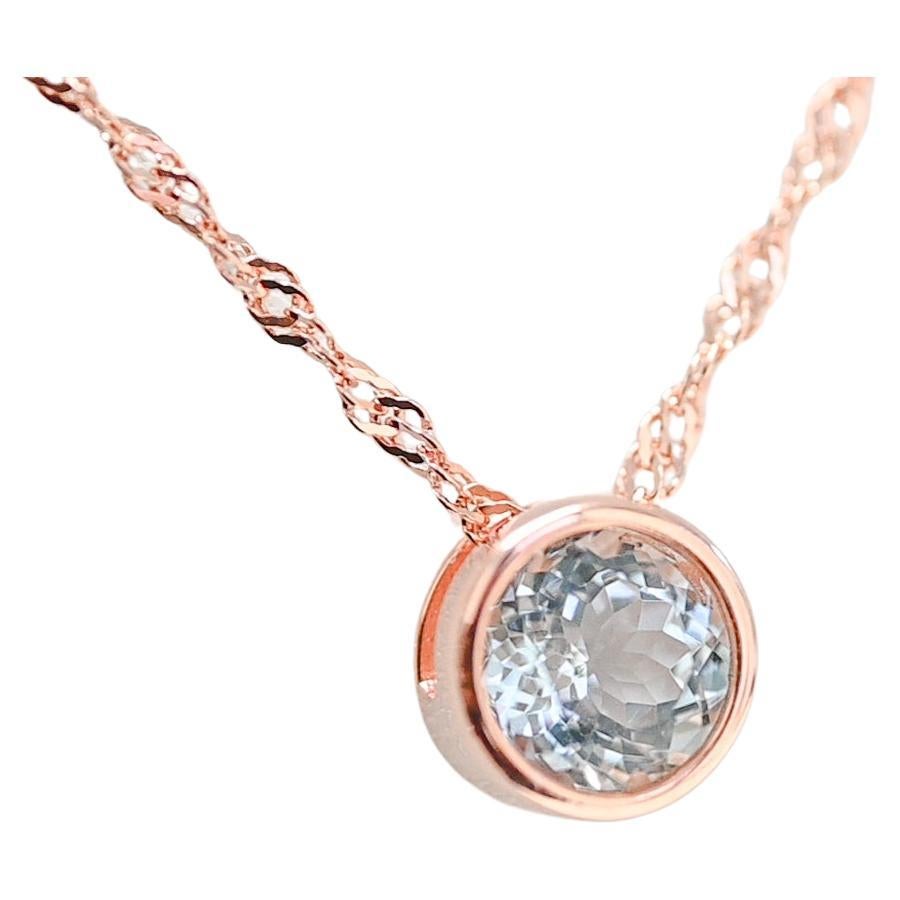 8mm Round Aquamarine Rose Gold Plated Wedding Chain Silver Pendant Necklace   For Sale