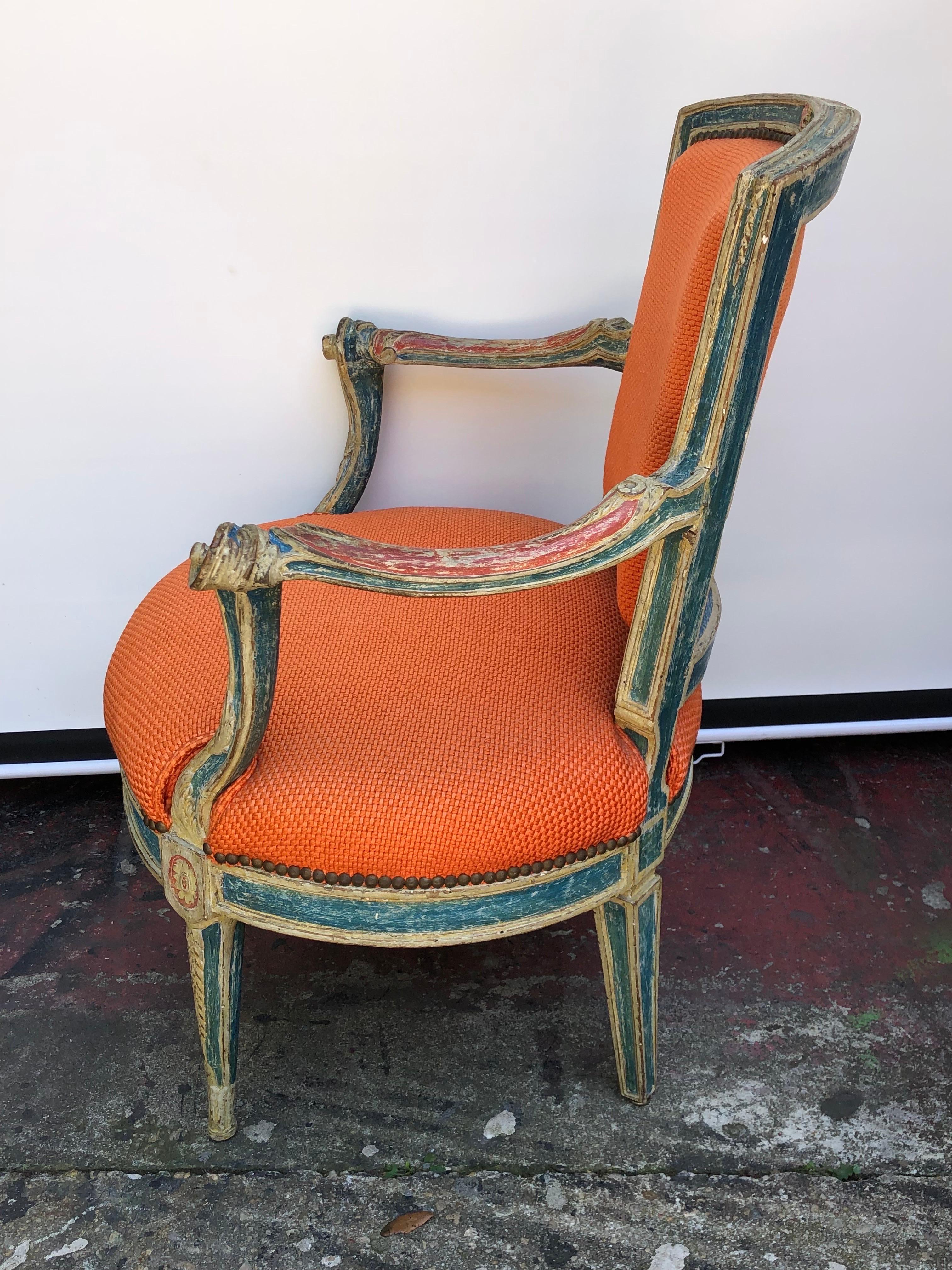 18th Century 18th C. Pair of Italian Neoclassical Paint Decorated Armchairs For Sale