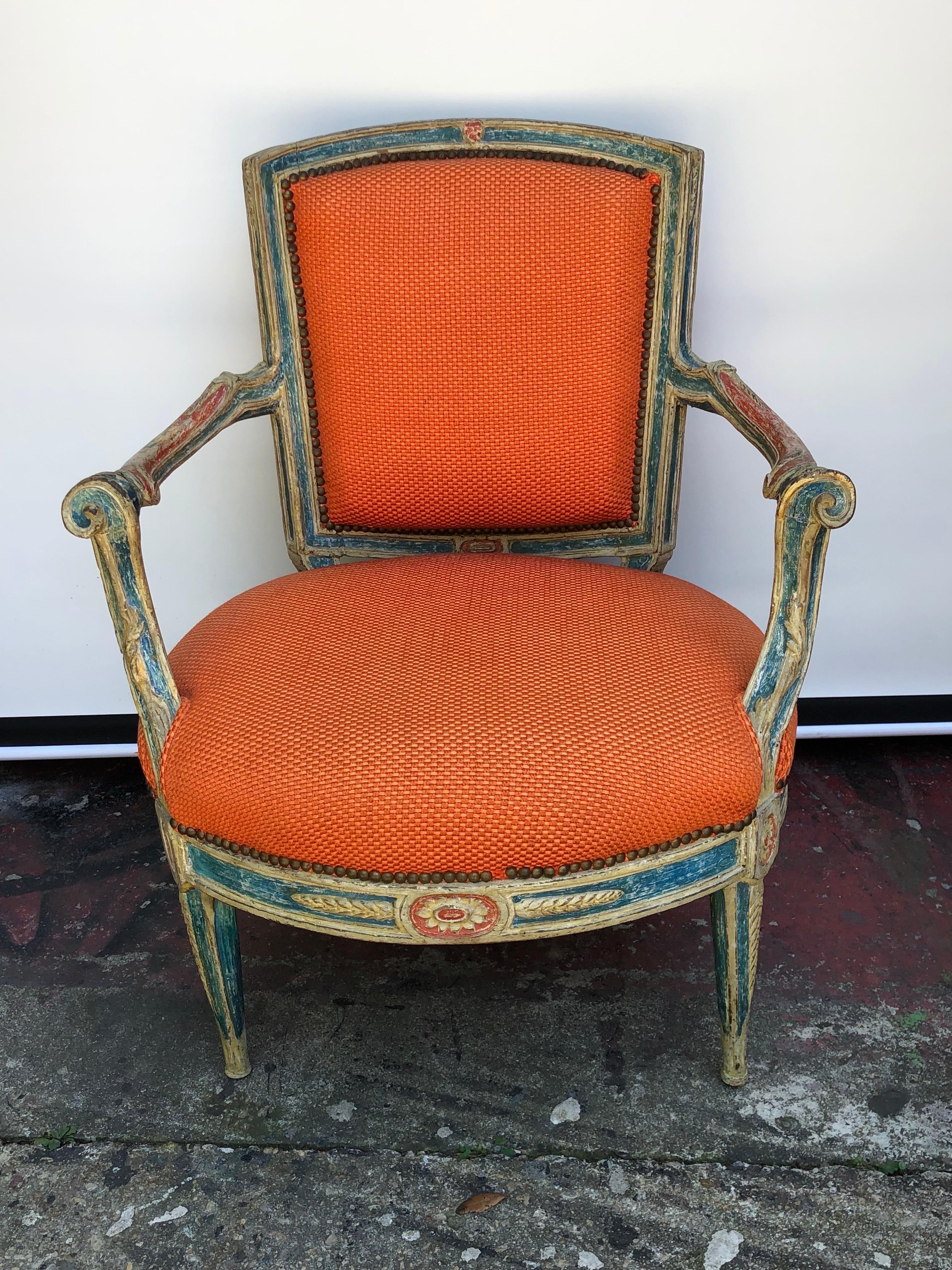 Wood 18th C. Pair of Italian Neoclassical Paint Decorated Armchairs For Sale