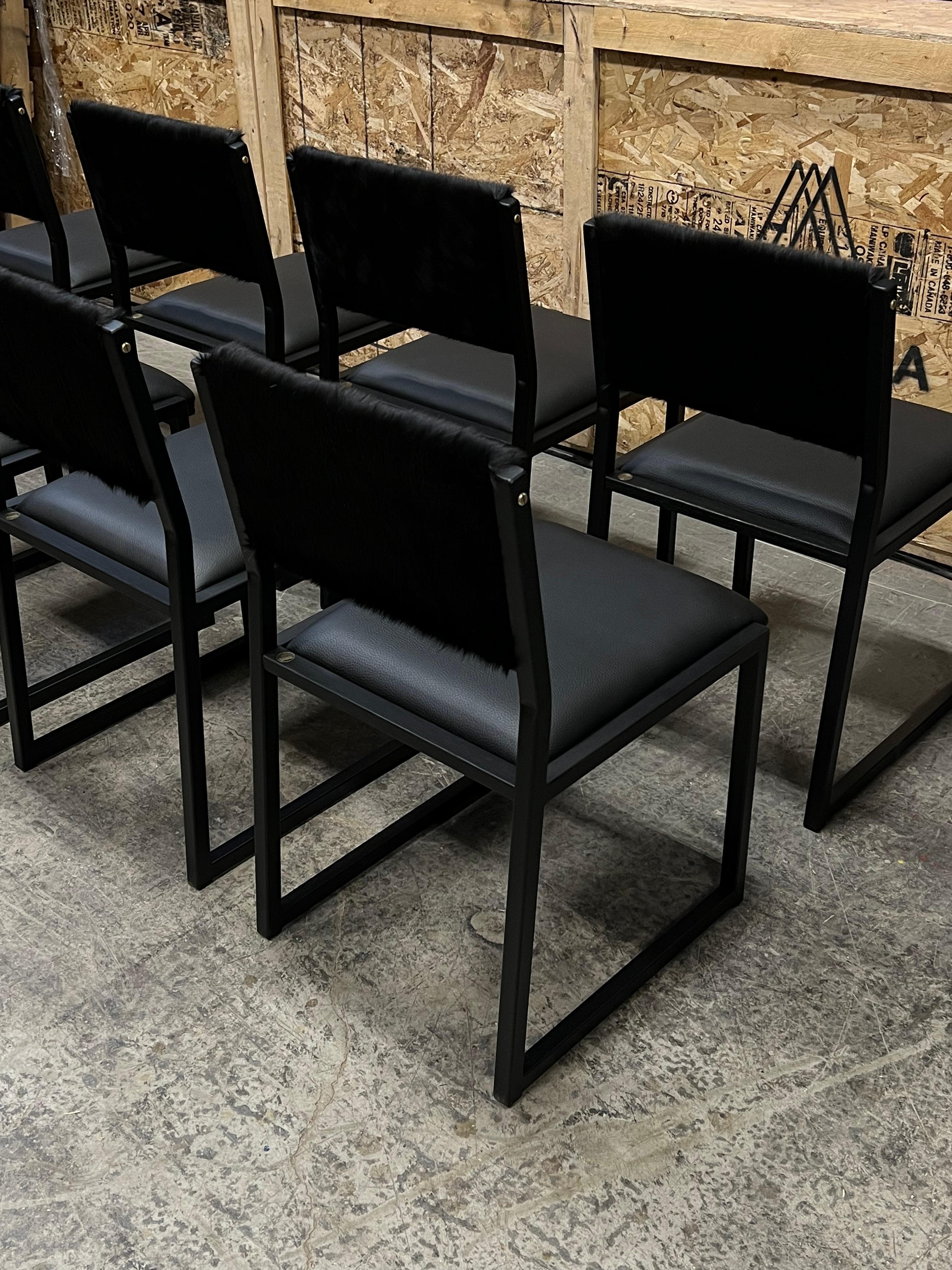 Canadian 8x Shaker Modern Chairs by Ambrozia, Ebonized Oak, Black Leather, Black Cowhide For Sale