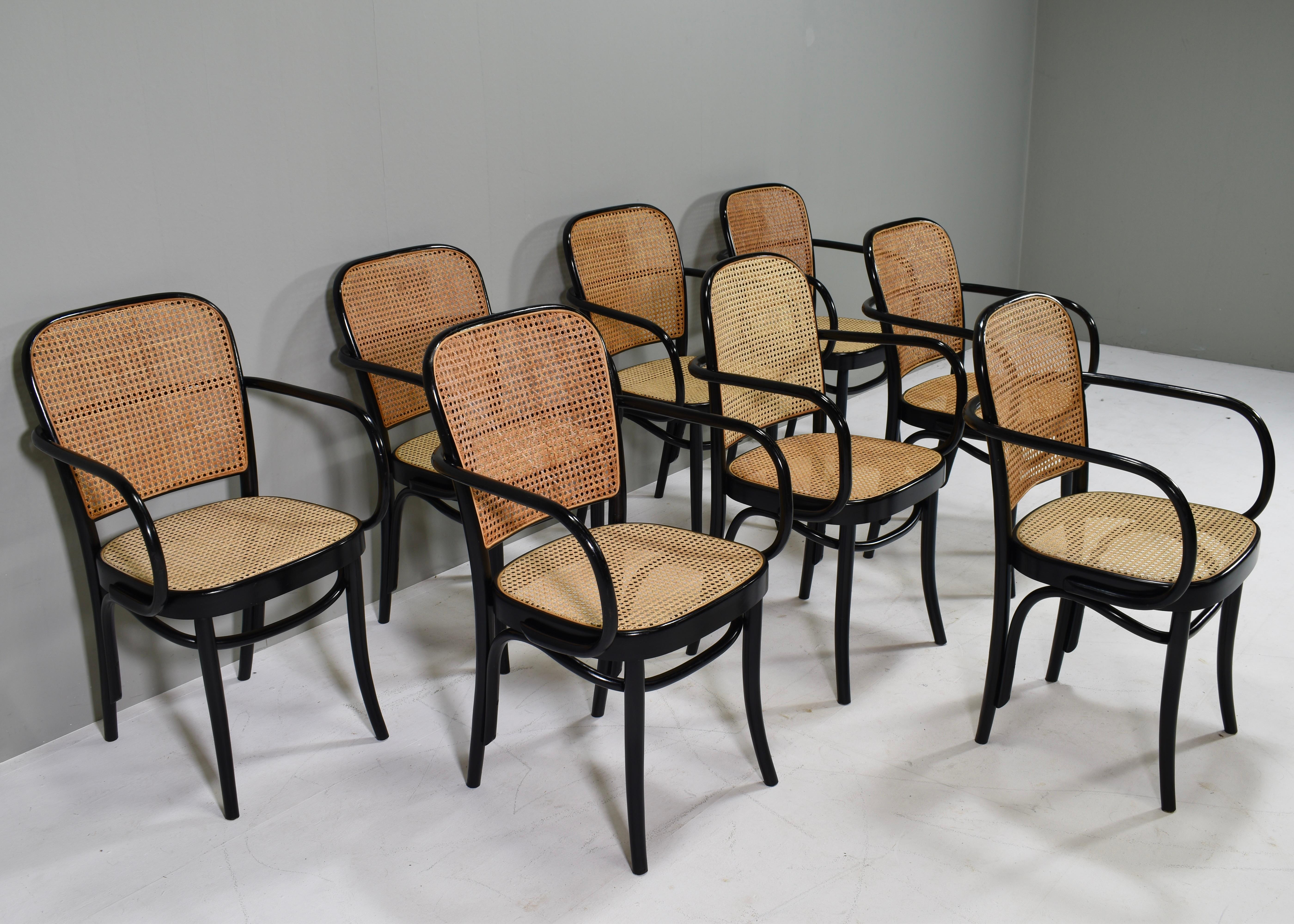 Austrian 8x Thonet 811 Prague Armshairs by Josef Hoffmann in Bentwood and Cane – Austria For Sale