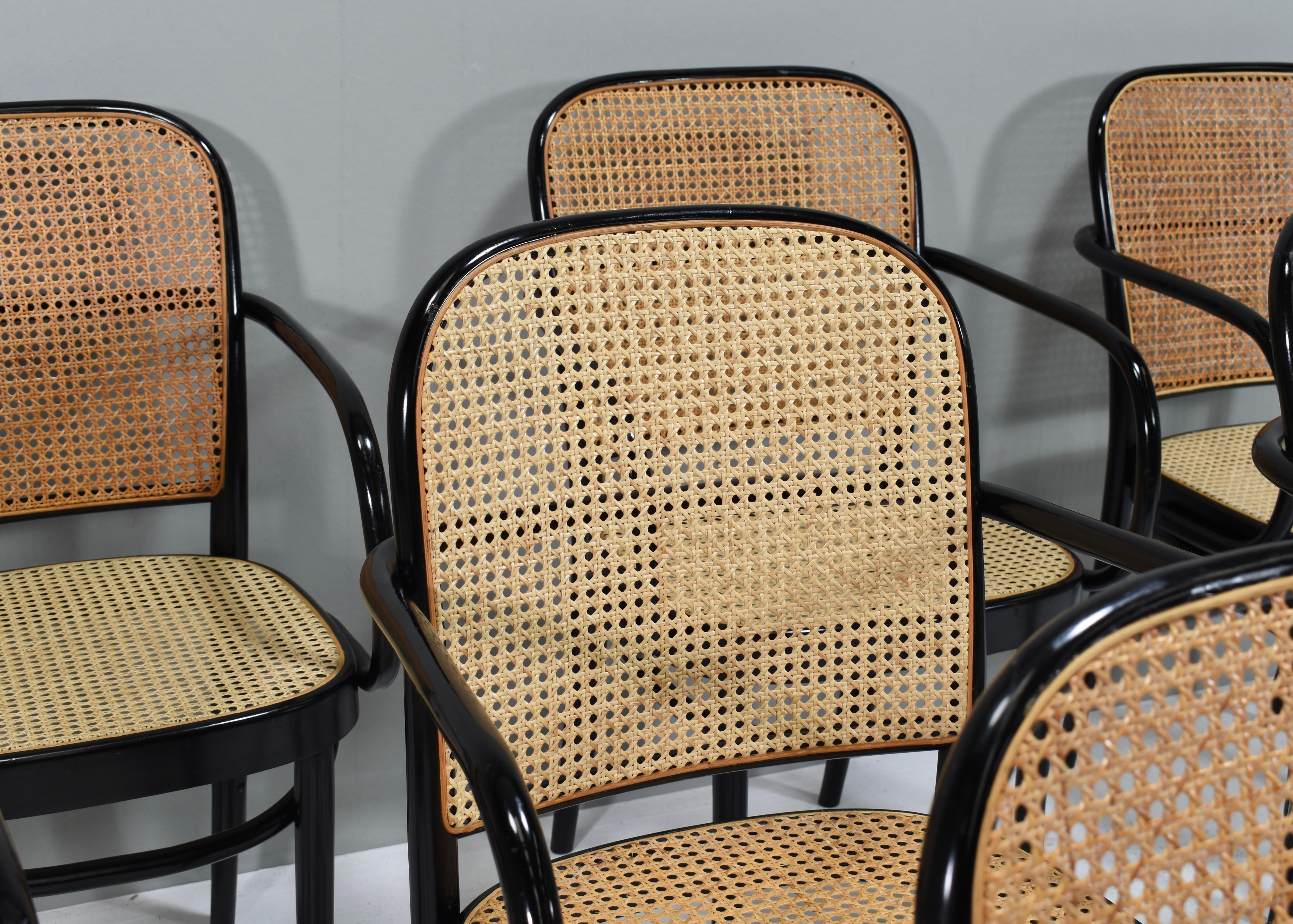 Beech 8x Thonet 811 Prague Armshairs by Josef Hoffmann in Bentwood and Cane – Austria For Sale