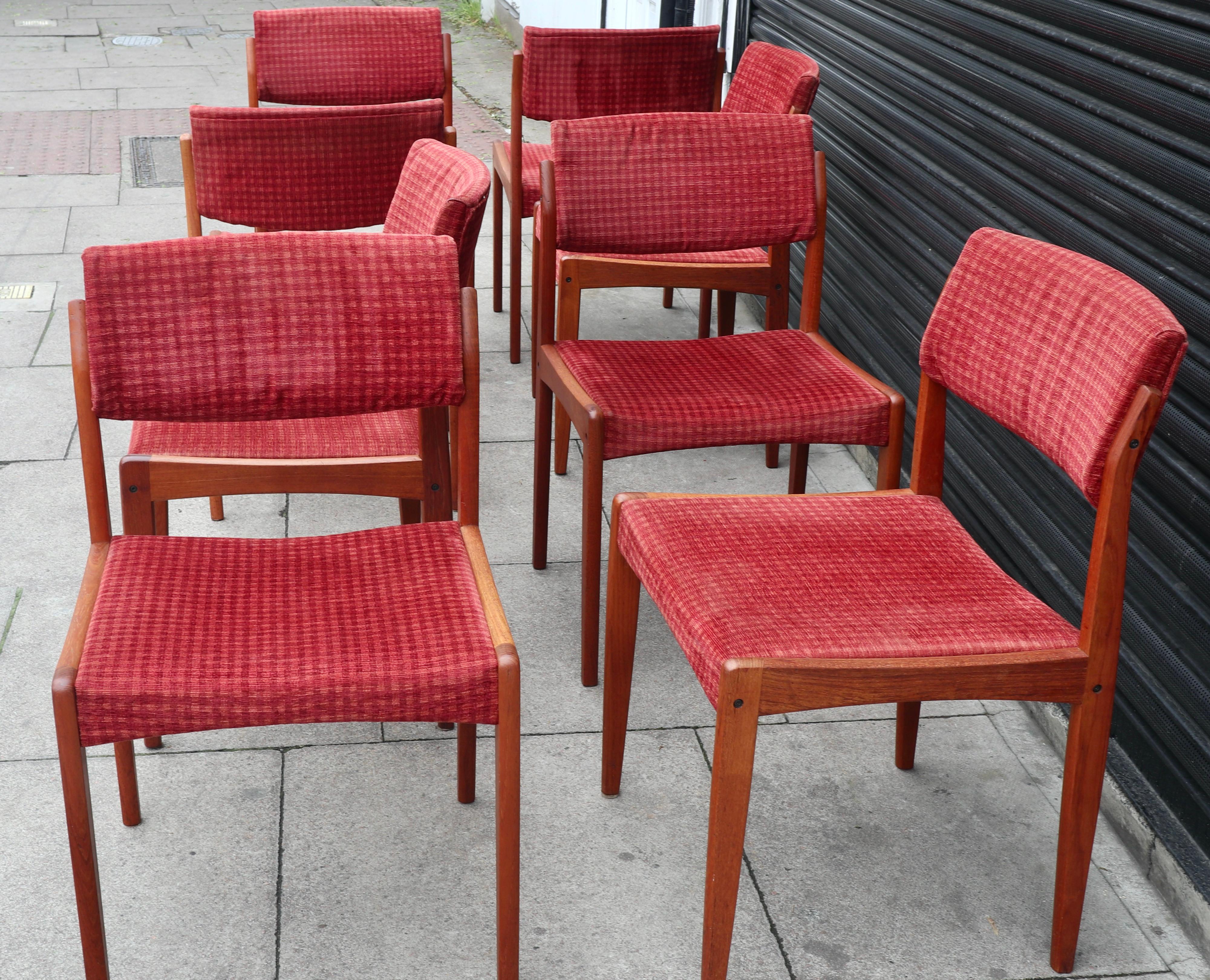 Mid-Century Modern 8x Vintage 1960s teak framed upholstered dining chairs by HW. Klein for Bramin For Sale