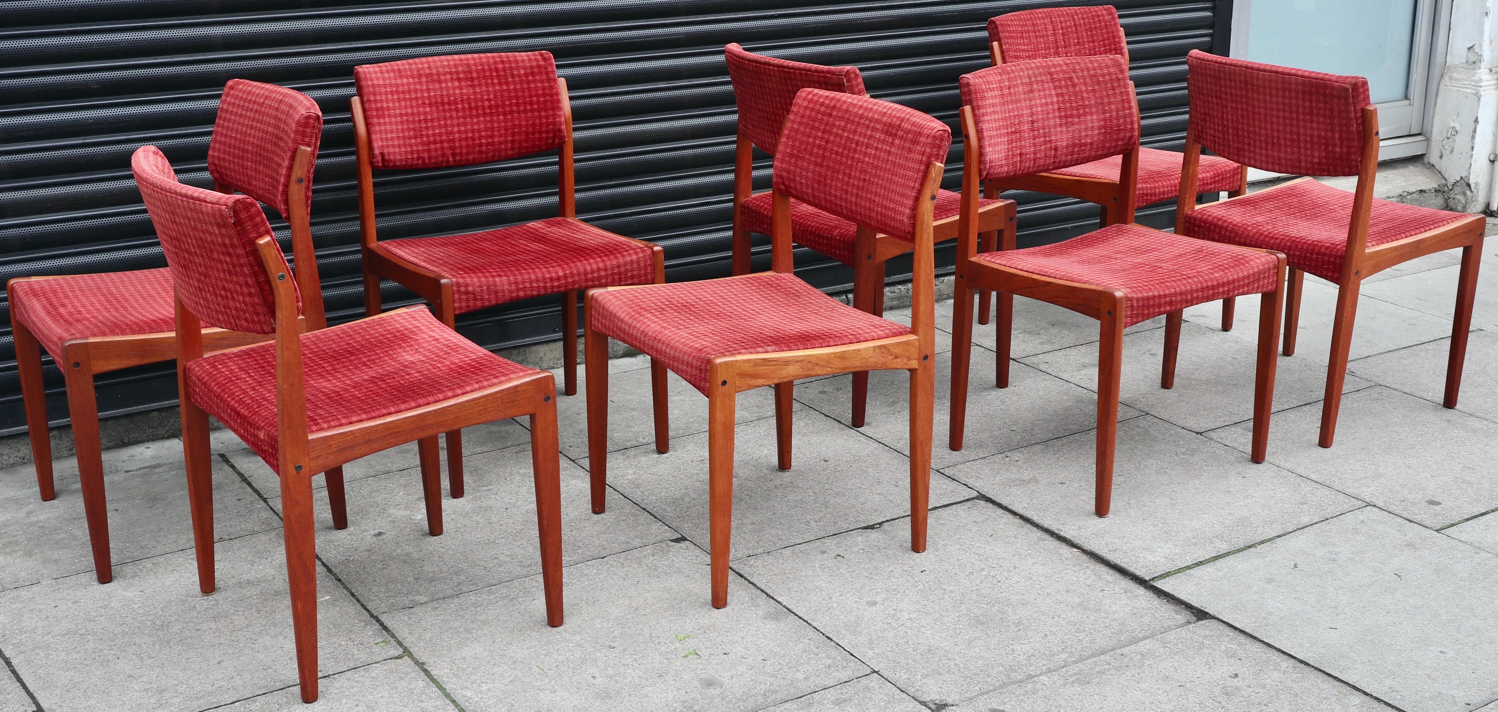 8x Vintage 1960s teak framed upholstered dining chairs by HW. Klein for Bramin In Fair Condition For Sale In London, GB