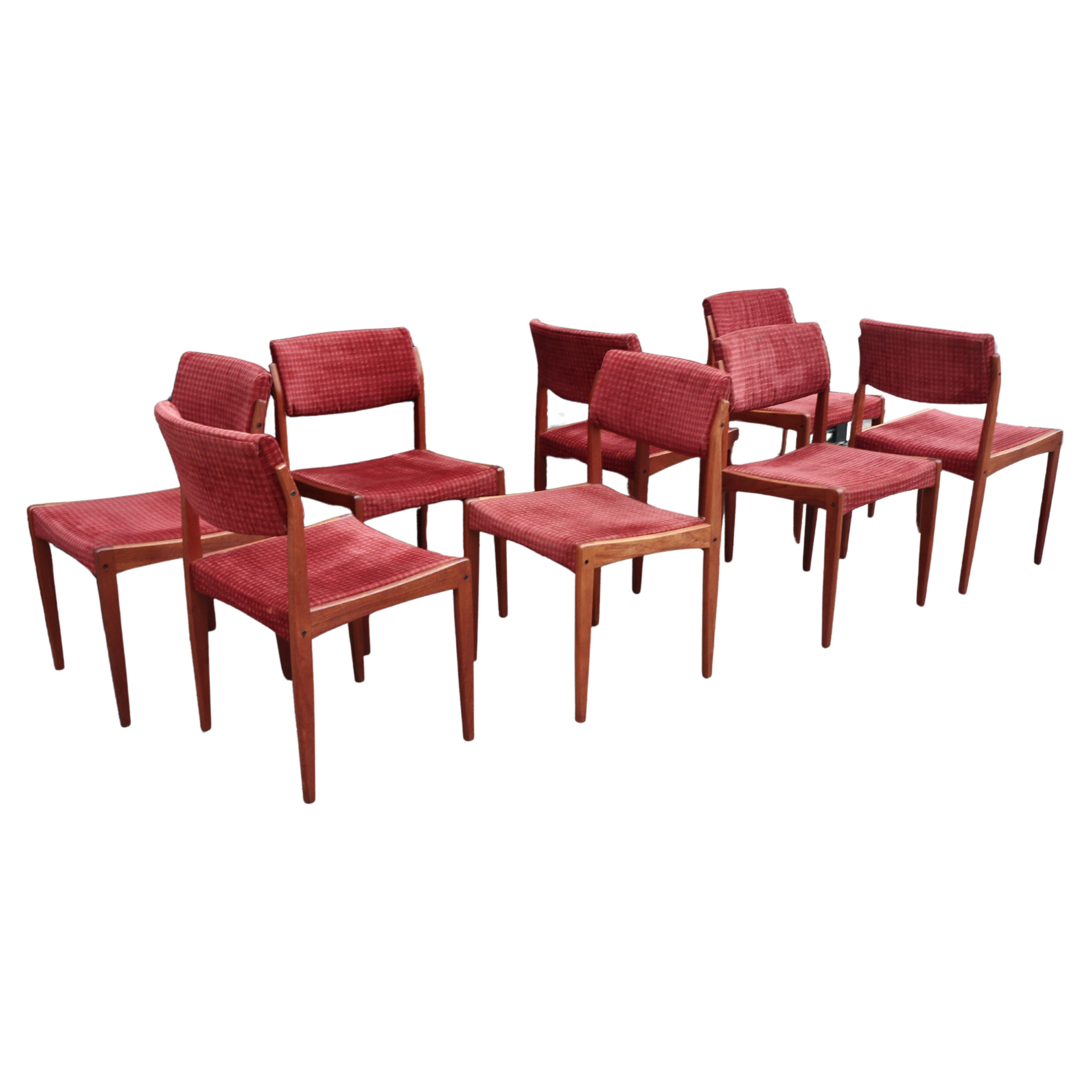8x Vintage 1960s teak framed upholstered dining chairs by HW. Klein for Bramin For Sale