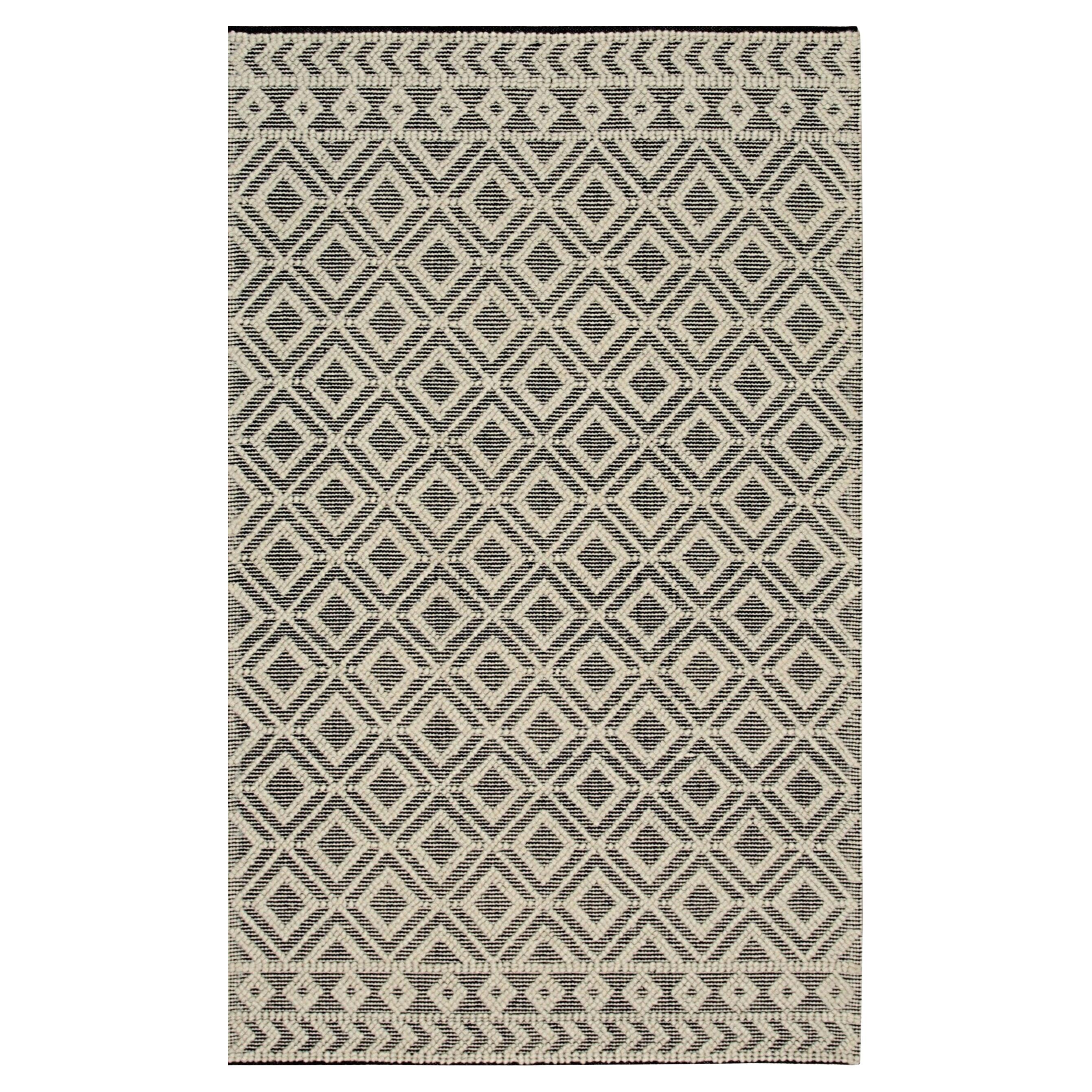 8x0 Black Hand-Knotted Wool Diamond Gridlock Geometric Modern Carpet Rug