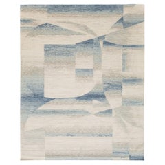 8x10 Azzurro astratto e sabbia Tappeto moderno in lana e nylon, lisciato a mano