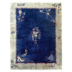 Alfombra china antigua de estilo Art Déco, 8x10, con motivos de pájaros, de gran calidad, 244 cm x 297 cm, hacia 1920