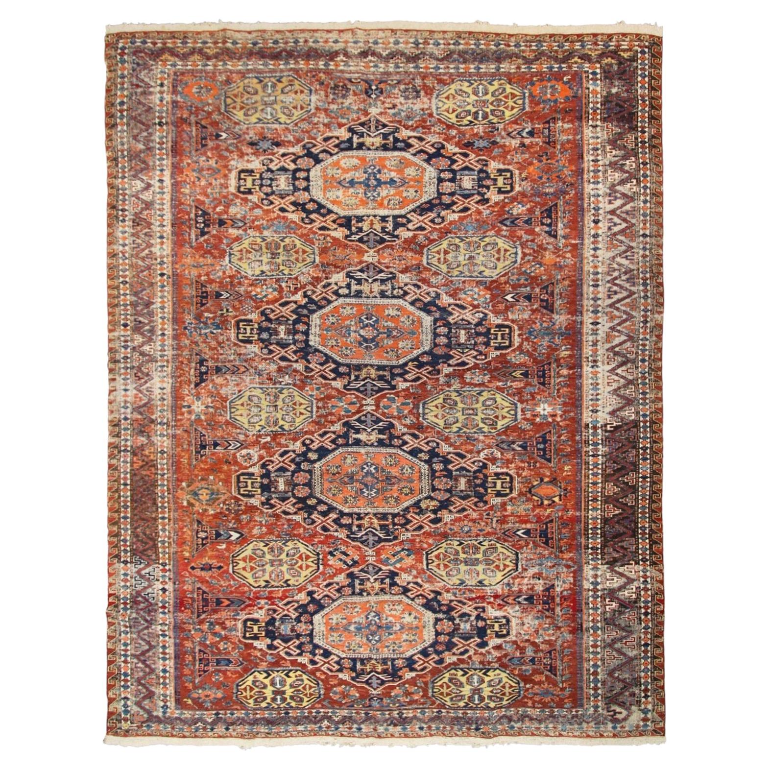 8x10 Antique Authentique Caucasian Soumak Rug Rare Geometric 226cm x 289cm C.1870