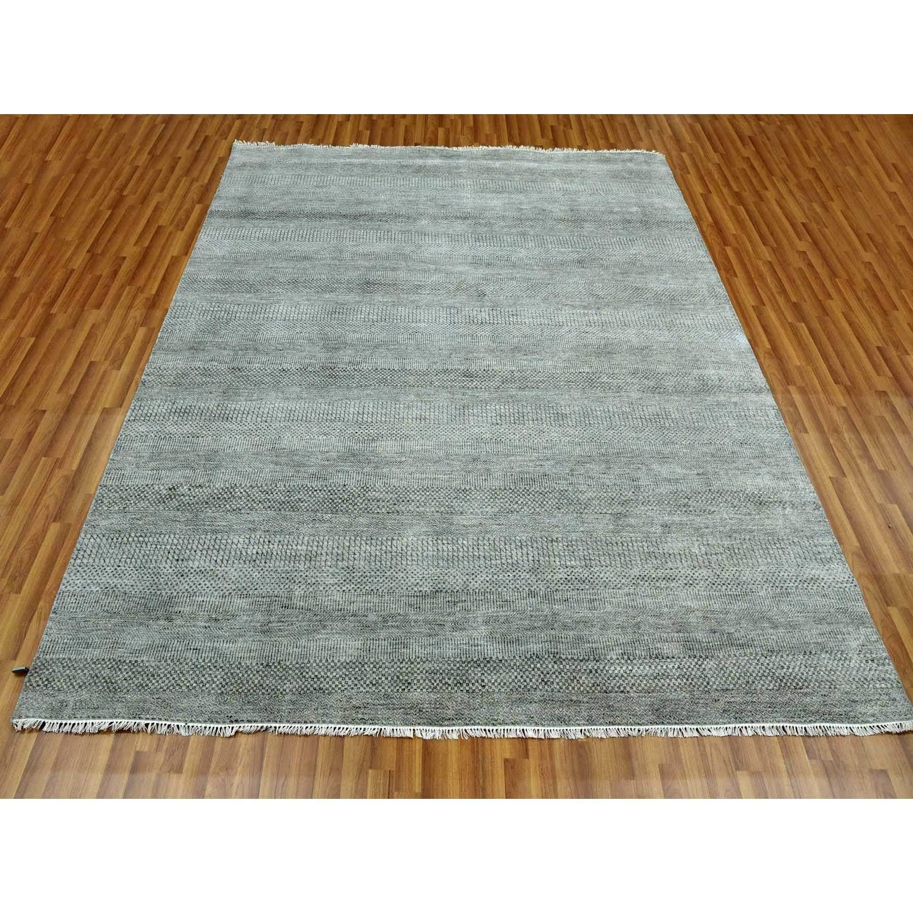 Modern 8'x10' Ash Gray Wool and Silk Hand Knotted Grass Design Dense Weave Rug For Sale