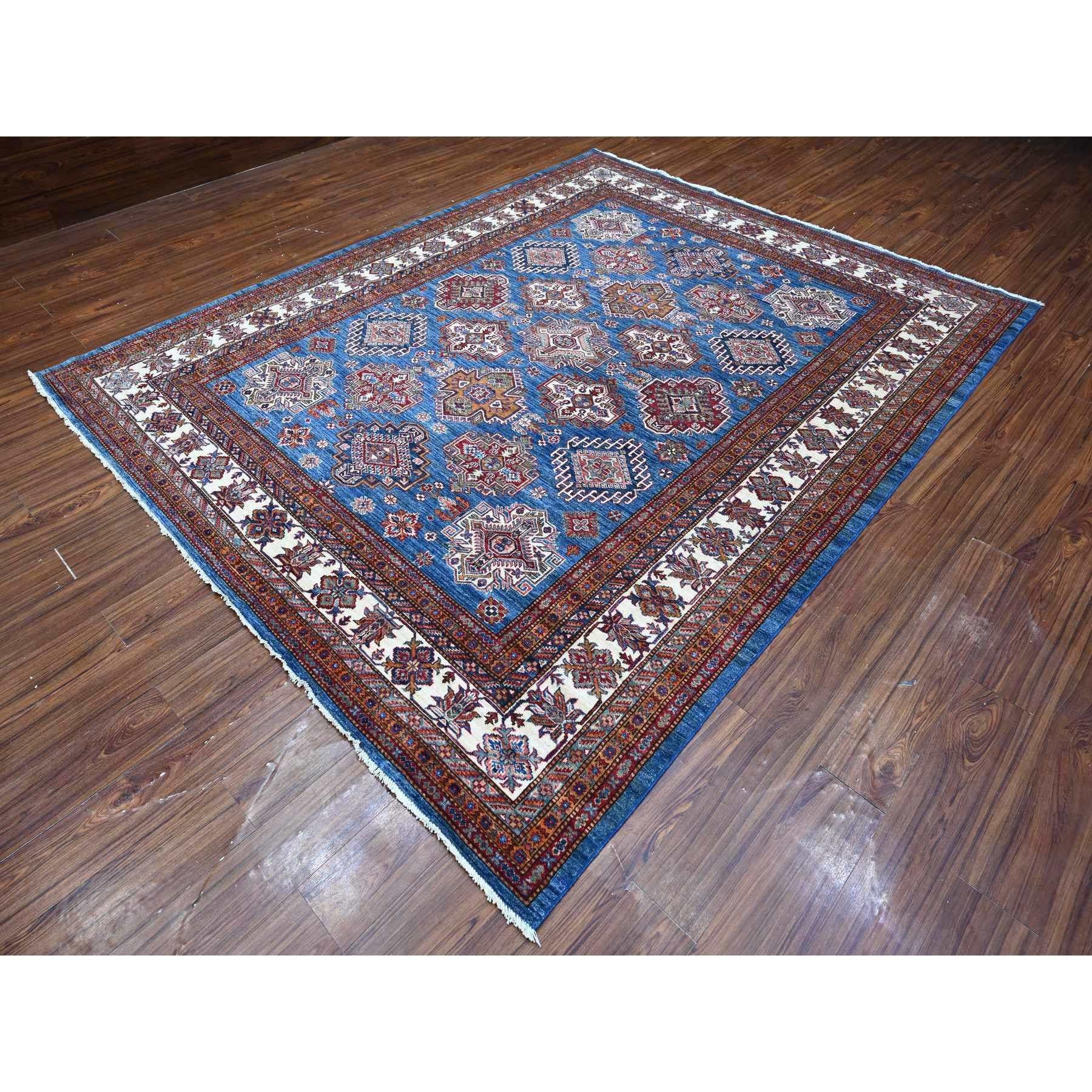 Afghan 8'x10' Atlantic Blue Super Kazak Tribal Medallions Wool Hand Knotted Rug For Sale