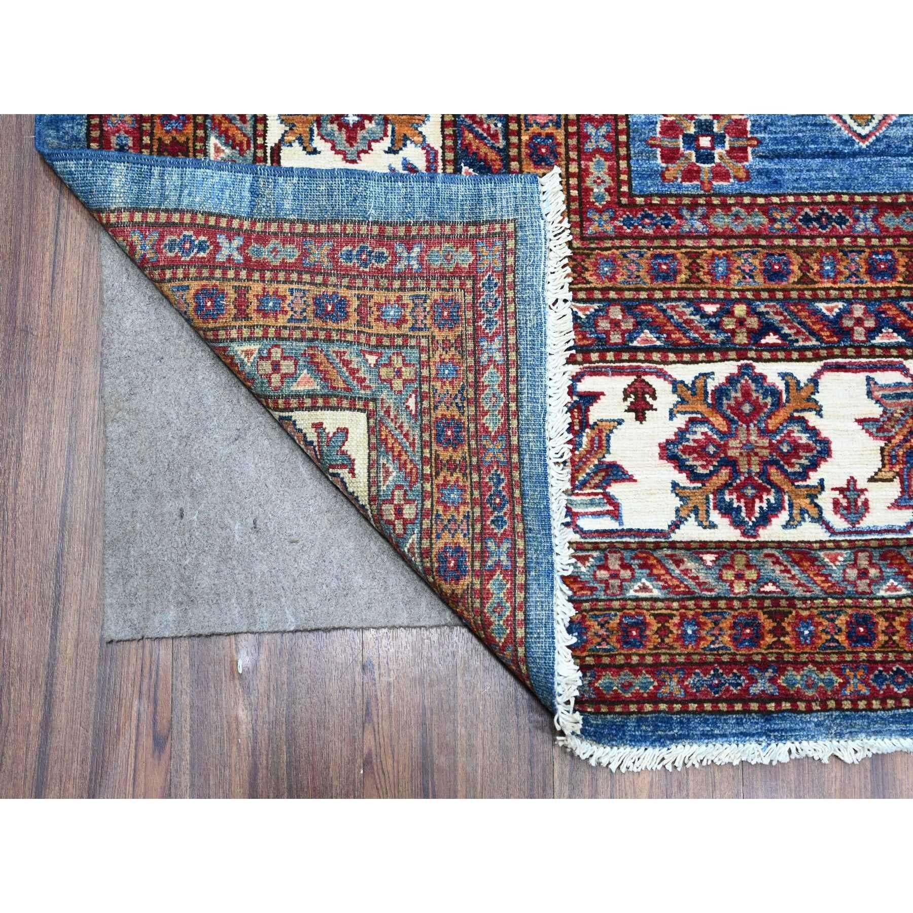 Hand-Knotted 8'x10' Atlantic Blue Super Kazak Tribal Medallions Wool Hand Knotted Rug For Sale
