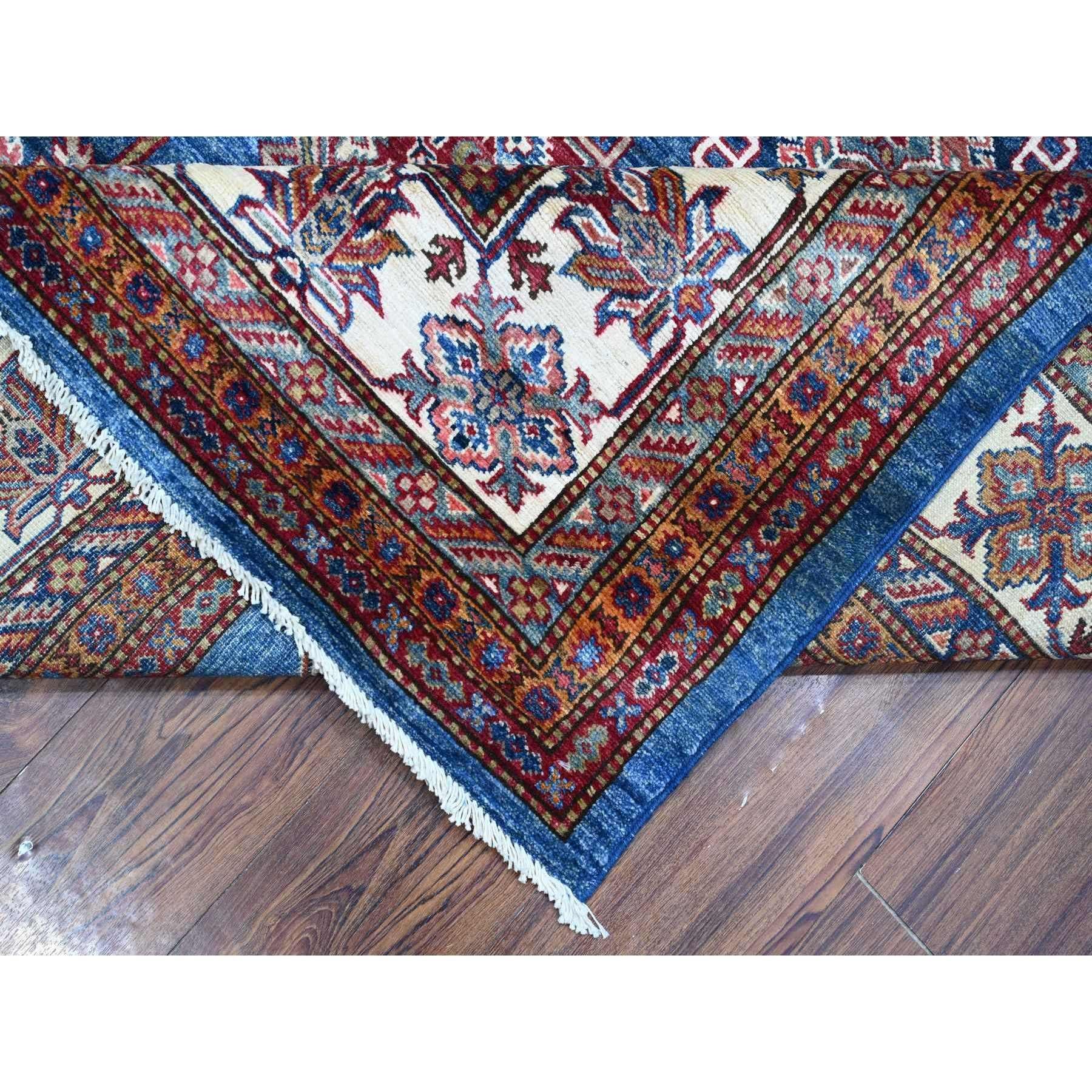 Contemporary 8'x10' Atlantic Blue Super Kazak Tribal Medallions Wool Hand Knotted Rug For Sale
