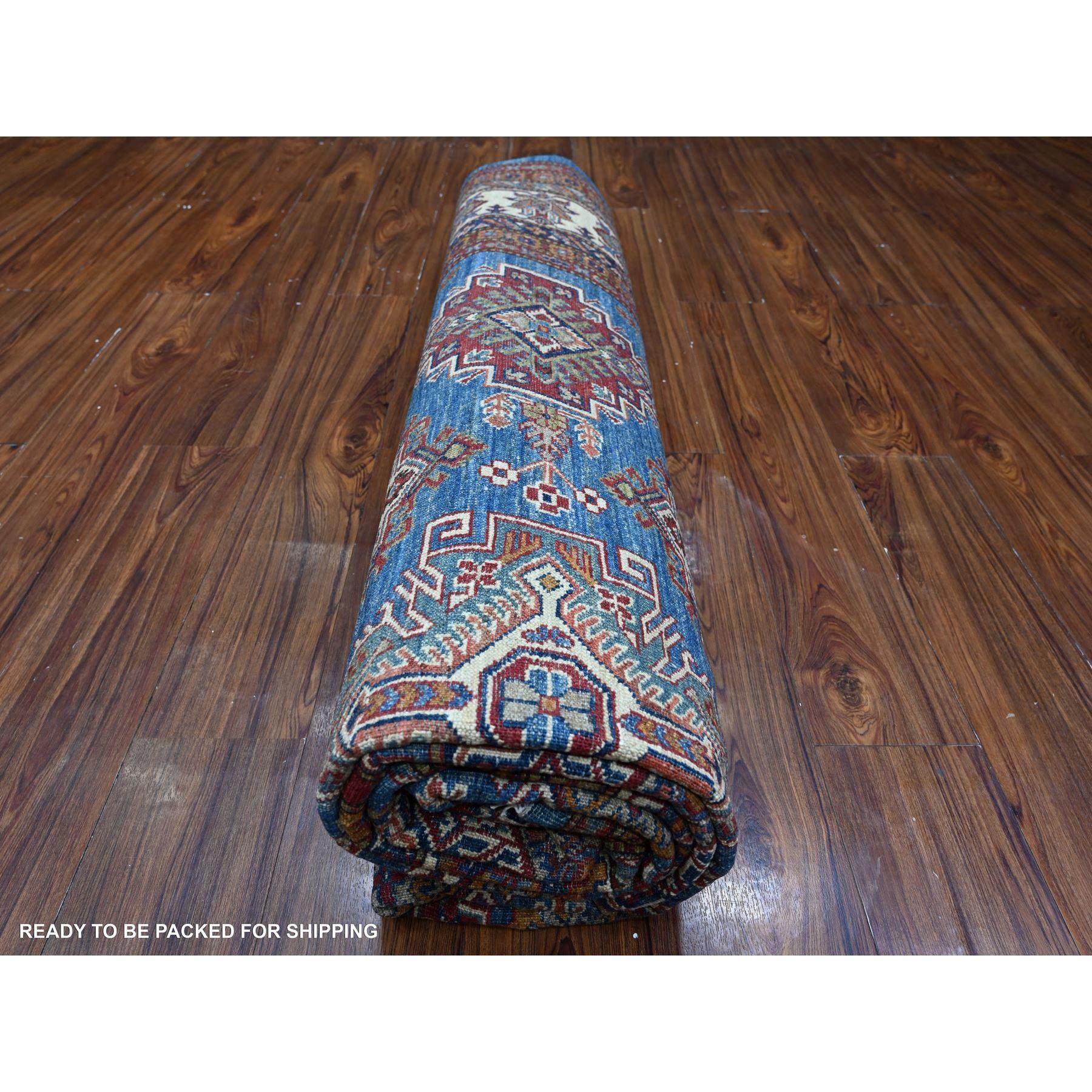 8'x10' Atlantic Blue Super Kazak Tribal Medallions Wool Hand Knotted Rug For Sale 3