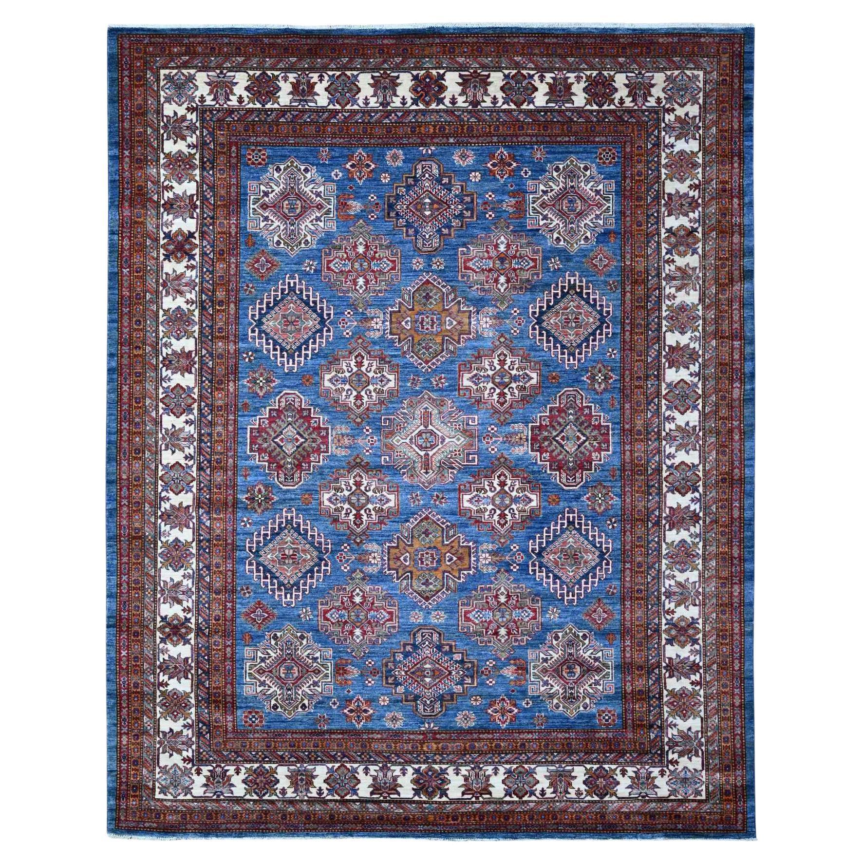 8'x10' Atlantic Blue Super Kazak Tribal Medallions Wool Hand Knotted Rug