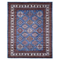 8'x10' Azul Atlántico Super Kazak Medallones Tribales Alfombra de Lana Anudada a Mano