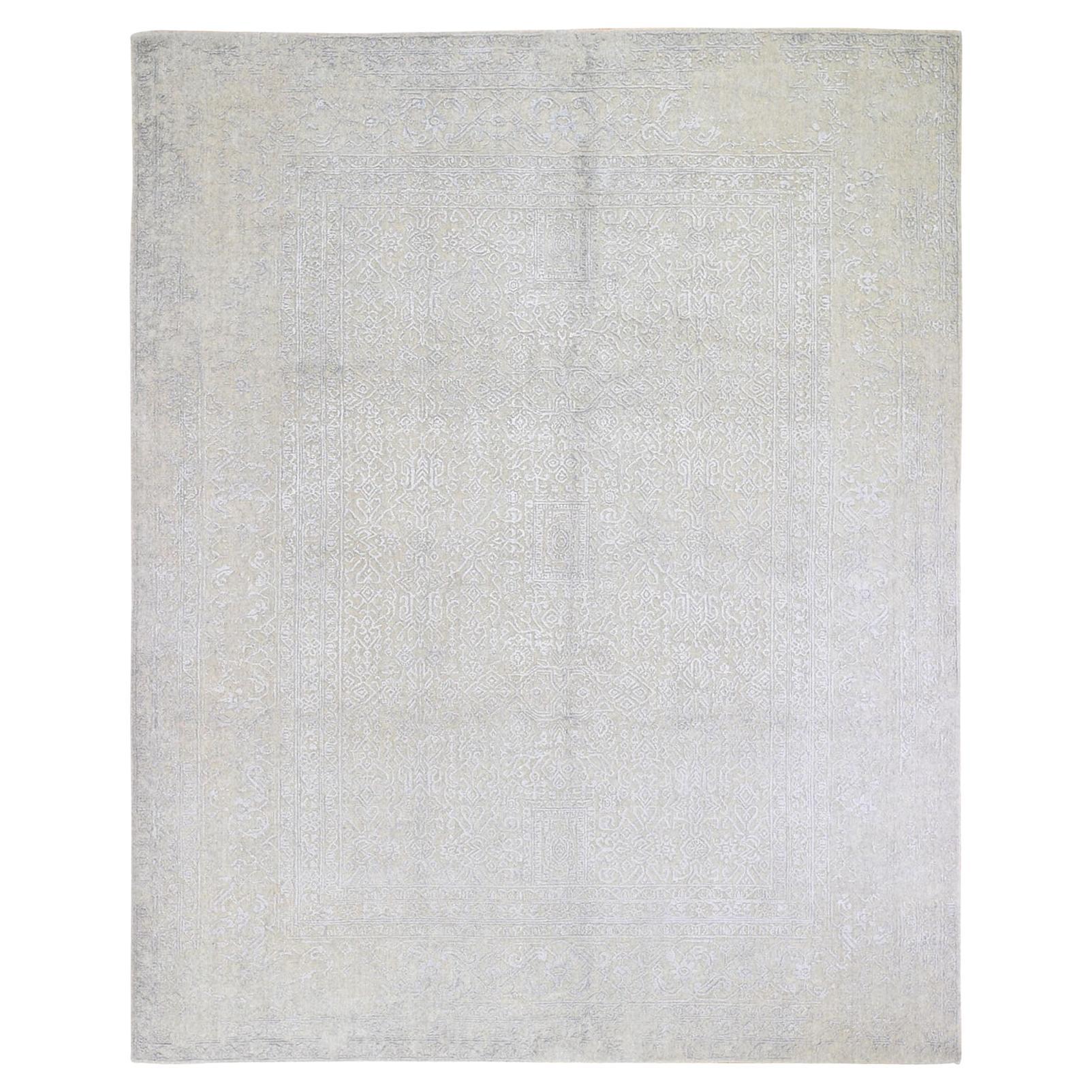 Alfombra oriental de jacquard fino tejida a mano en lana y seda beige de 8'x10