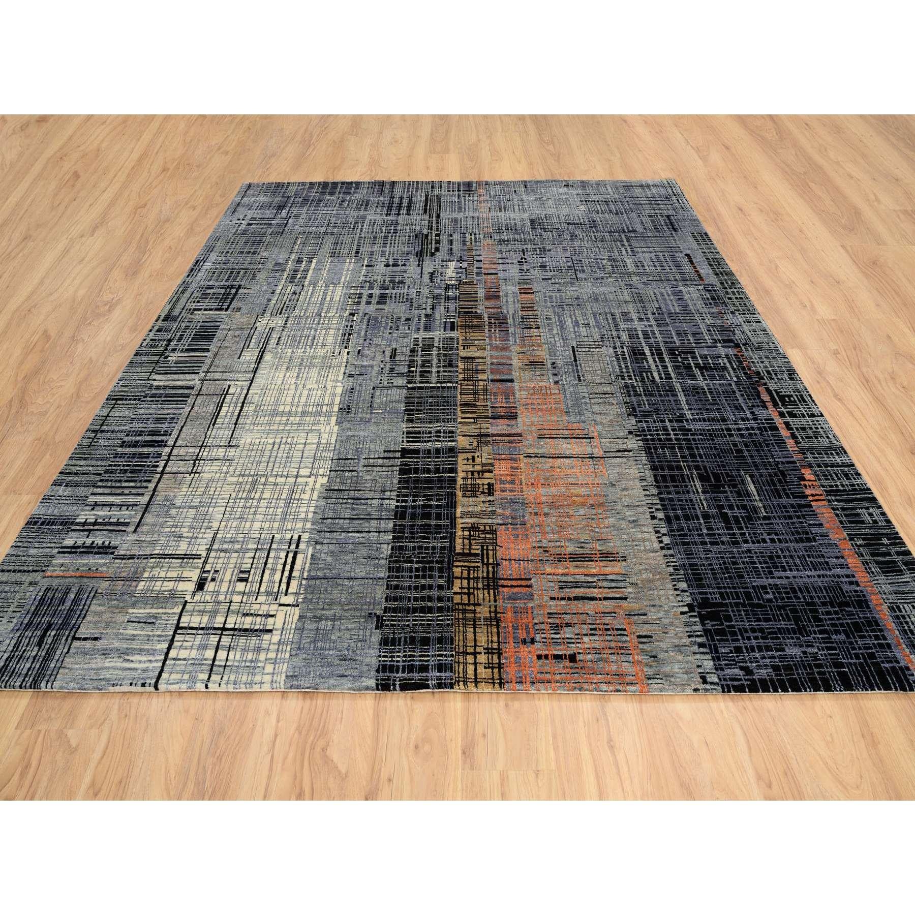 Indiano 8'x10' Nero e Grigio, Tappeto Ghazni in Lana e Seta, Design Moderno, Annodato a Mano in vendita